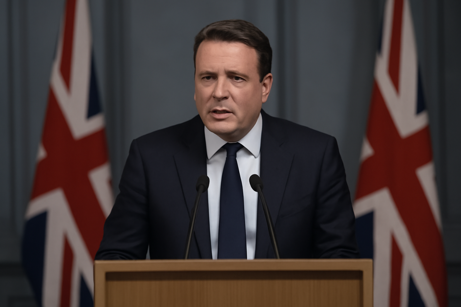 Chancellor at a podium beside Union Jack flags with financial charts in the background