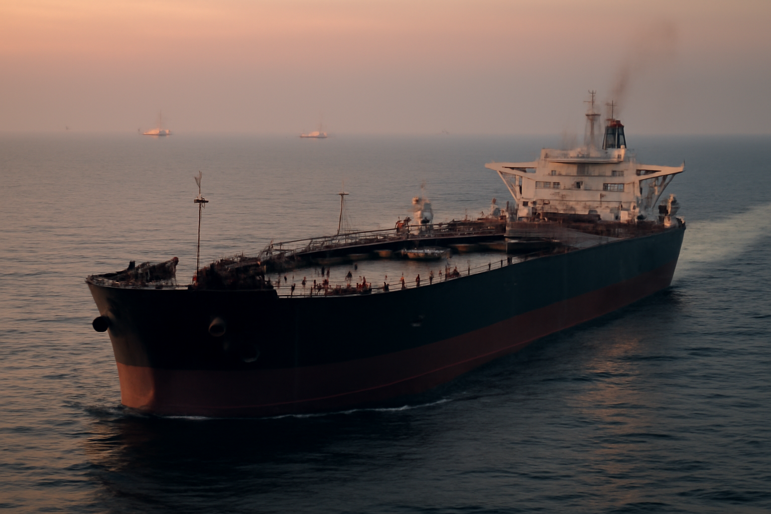 Oil tanker moving through Gulf shipping lanes near offshore production platforms