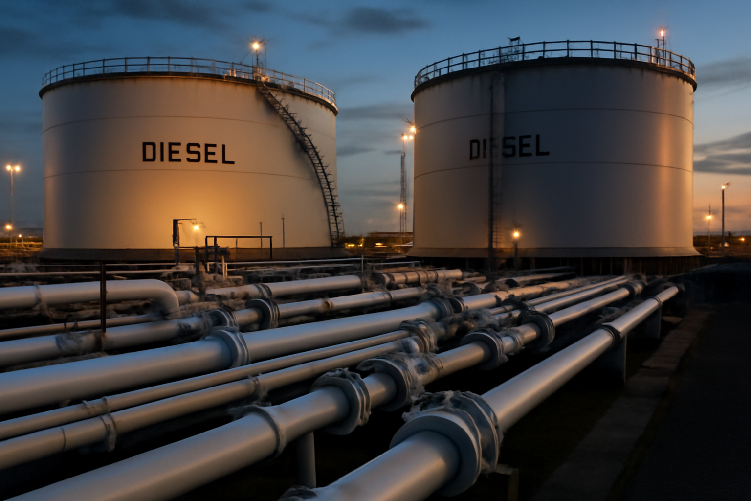 Diesel fuel storage tanks and pipeline infrastructure at an industrial export terminal