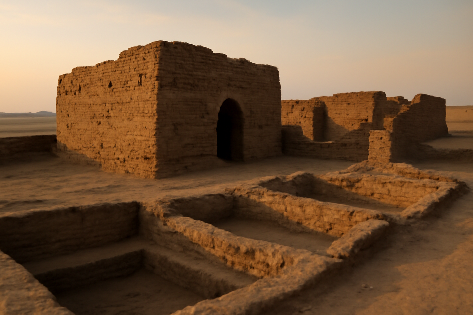 Ancient Egyptian funerary enclosure ruins at Umm el-Qa'ab near Abydos under desert sunlight