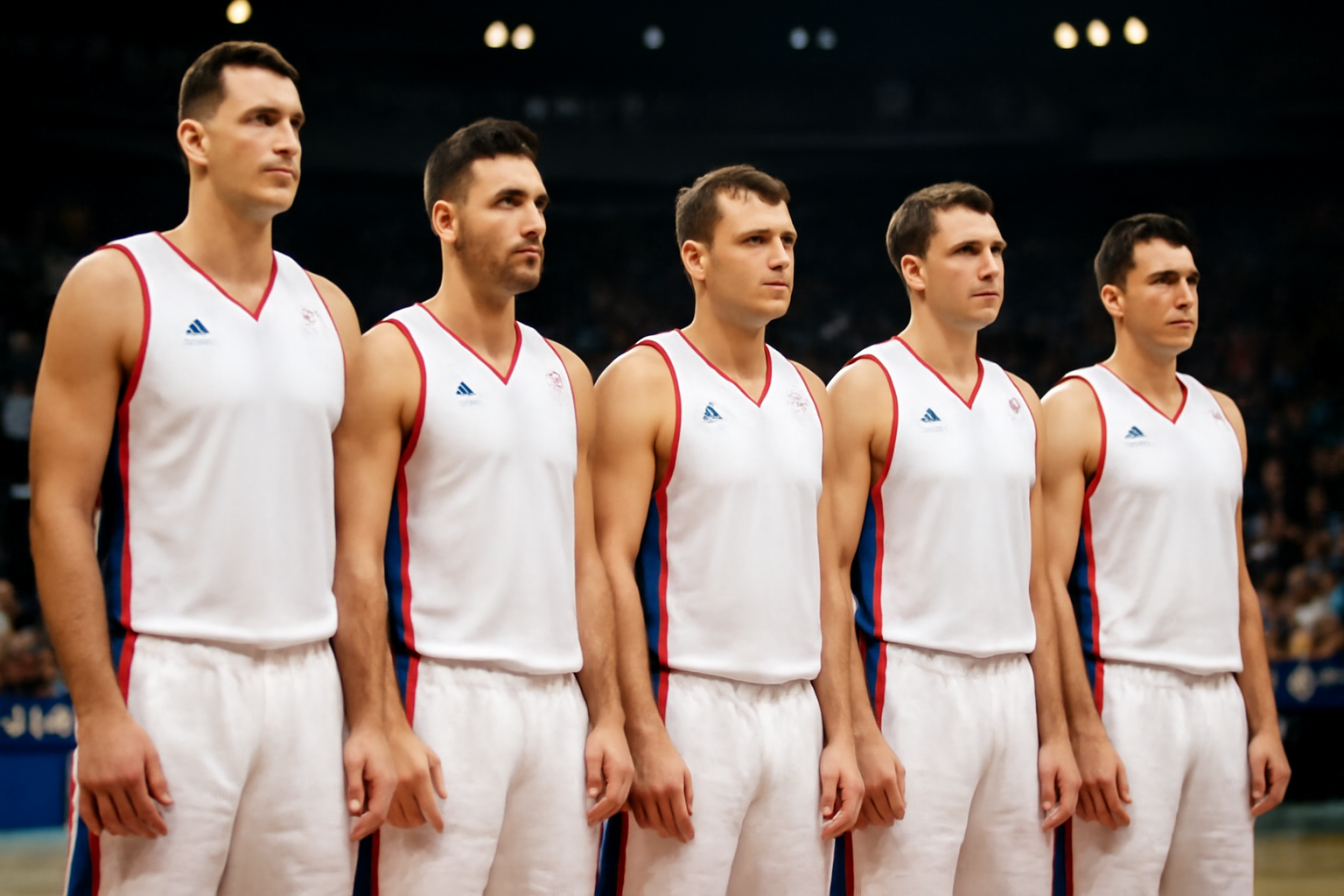 National basketball players standing in a lineup wearing black armbands before an international match