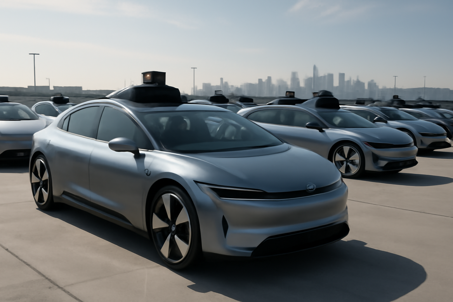 Row of Tesla Cybercab robotaxis parked in a lot at a factory facility in Austin