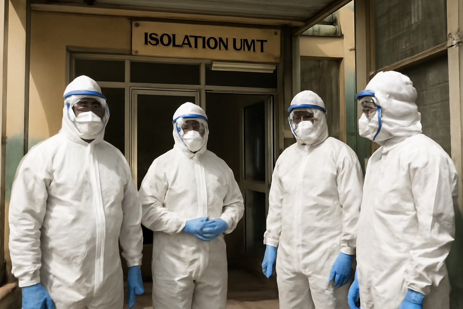 Health workers in protective gear standing outside an Ebola isolation facility in Nairobi