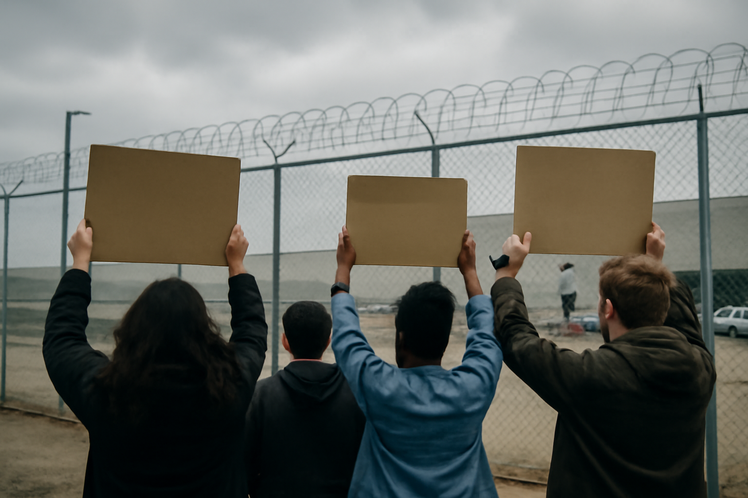 Exterior of an ICE detention facility with protesters holding signs near a chain-link fence