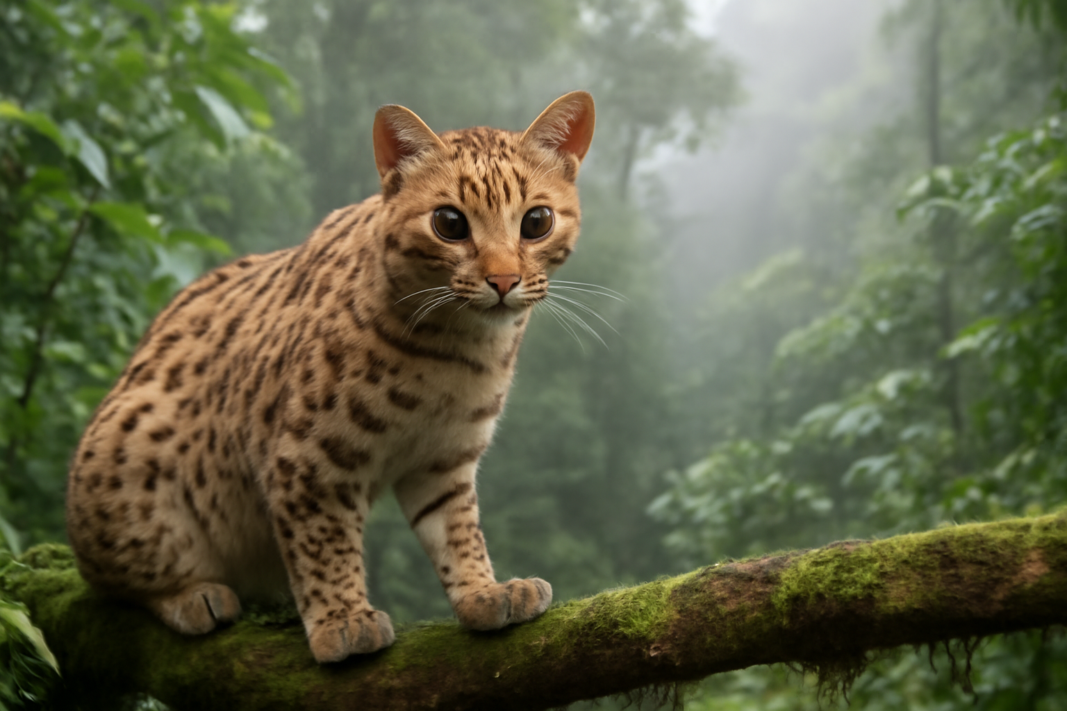 Small brown wild cat with rosette markings sitting among green cloud forest foliage in Bolivia