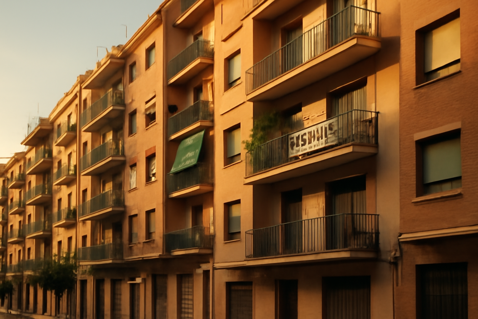 Apartment buildings in a Spanish city with a for-rent sign visible on a balcony