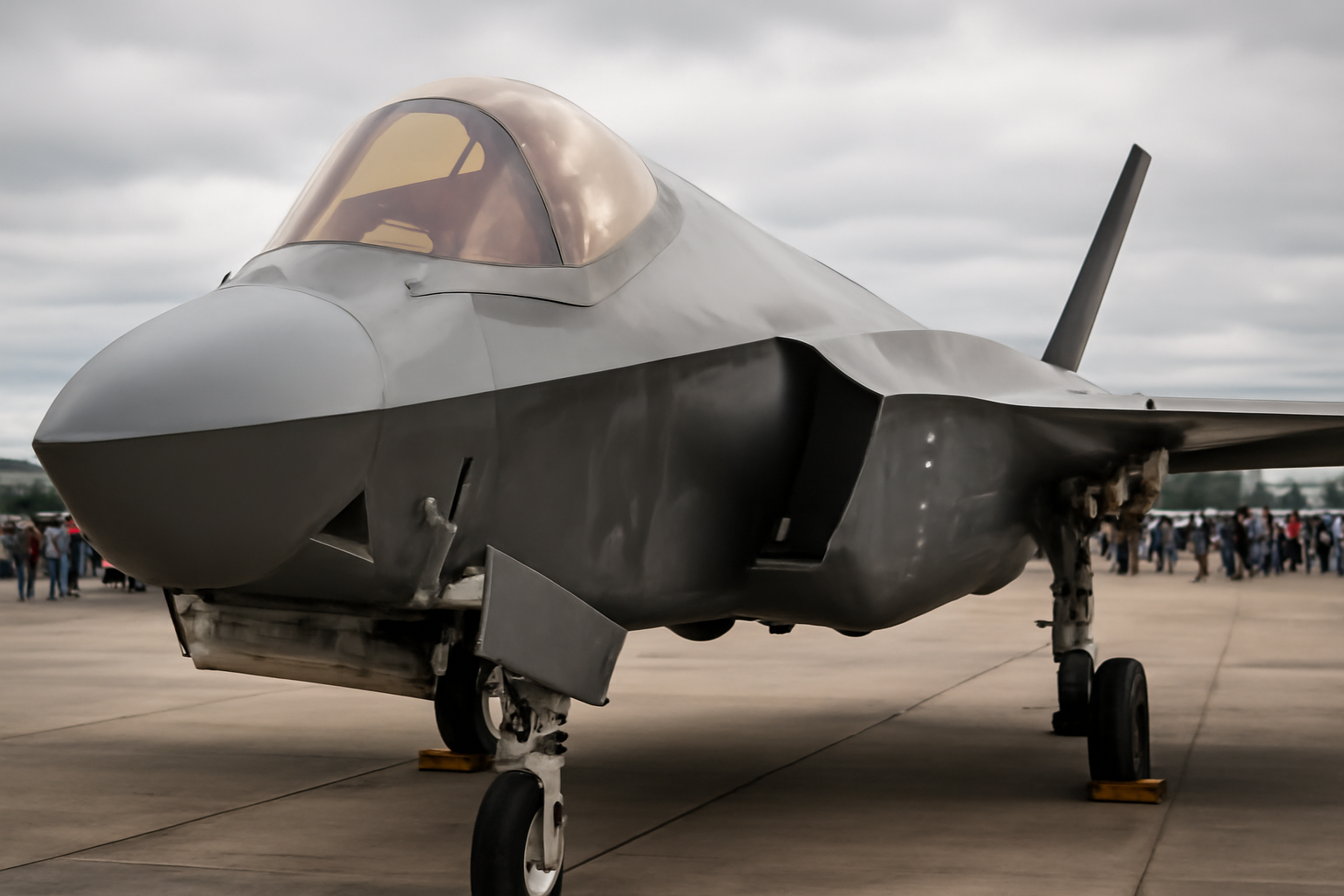 F-35 stealth fighter jet on display at an air show with its cockpit canopy visible