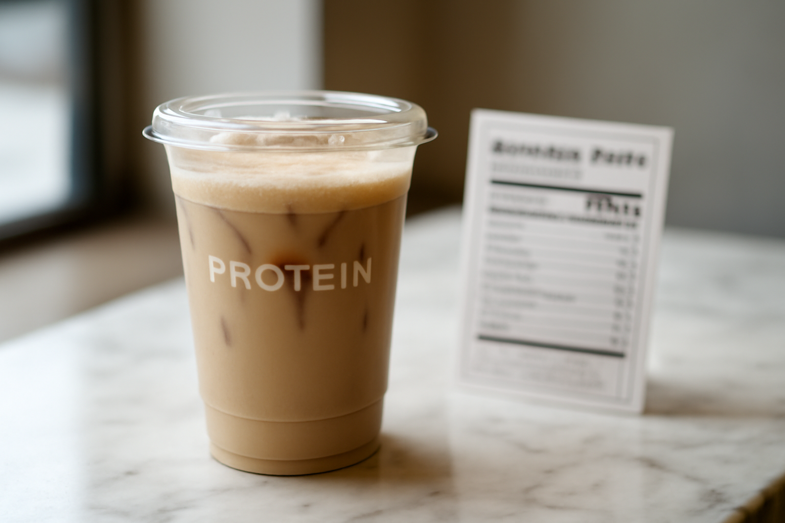 A Starbucks protein drink cup on a counter next to a nutrition label