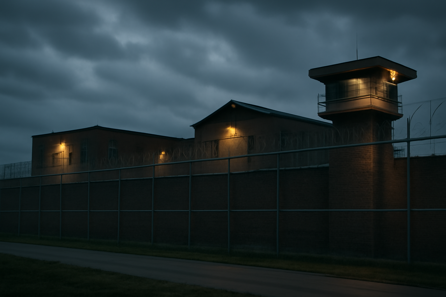 Exterior view of a Texas state correctional facility at dusk