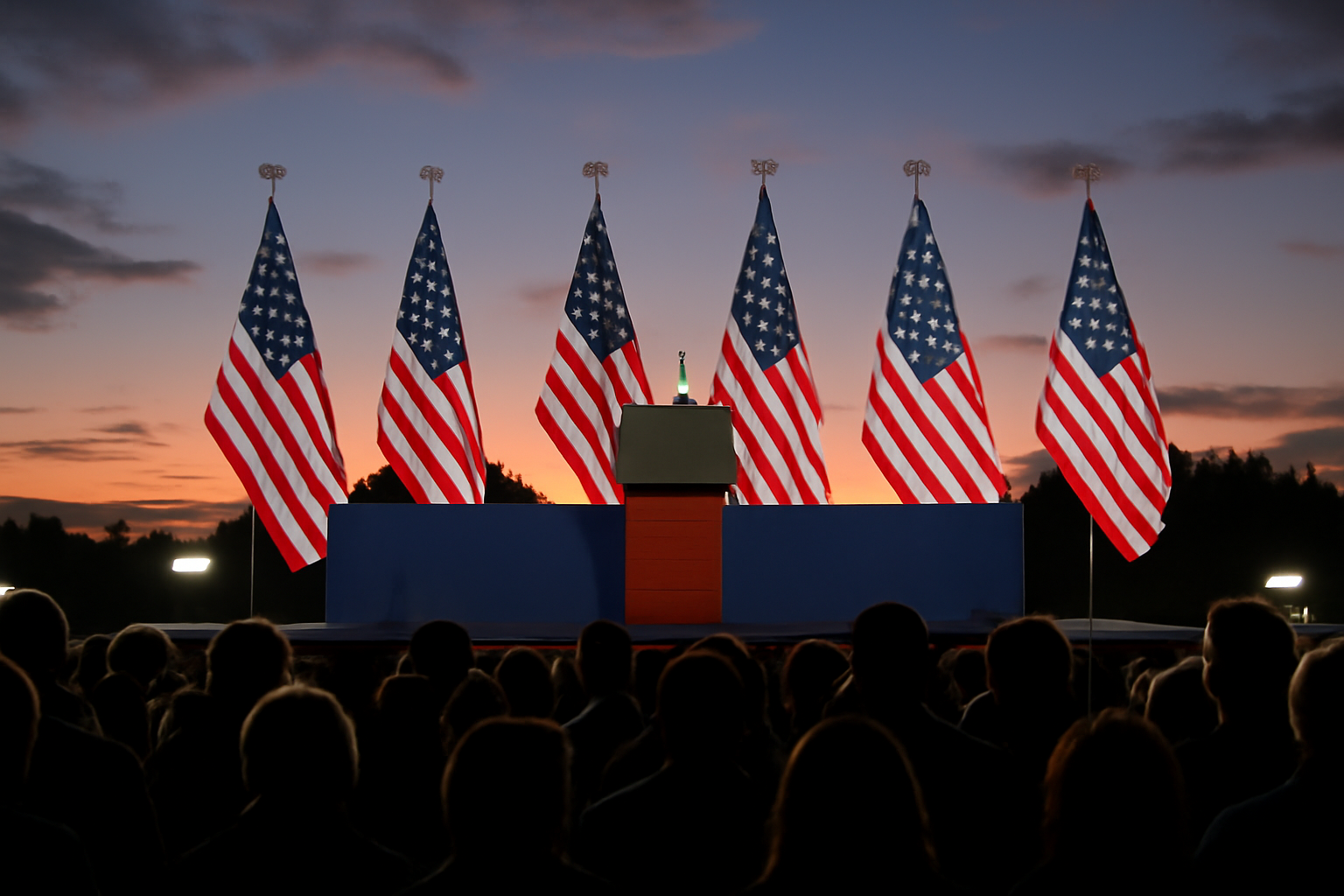 Presidential campaign rally stage with American flags and a podium ahead of a midterm election event