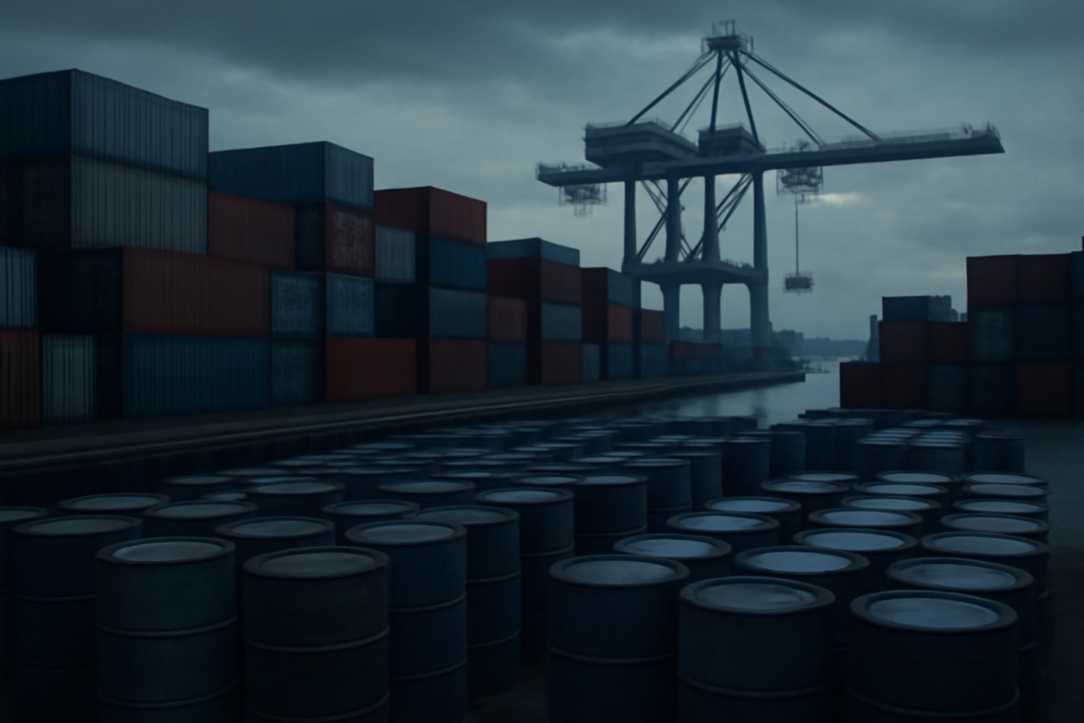 Shipping containers and chemical drums at a port dock under overcast sky, symbolizing precursor chemical trade routes