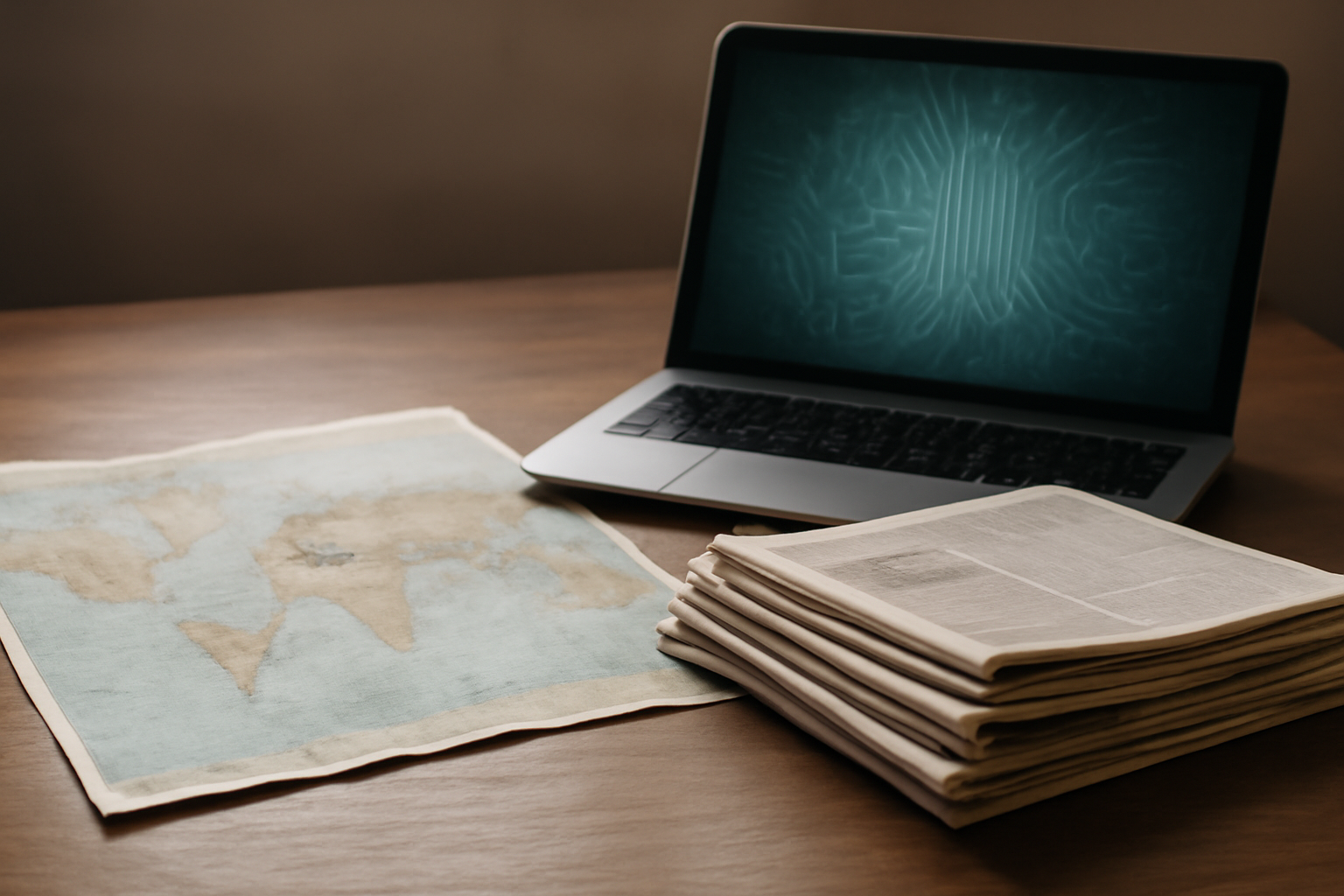 Newsroom desk with a world map, stacked newspapers, and a glowing circuit pattern representing a mixed news digest