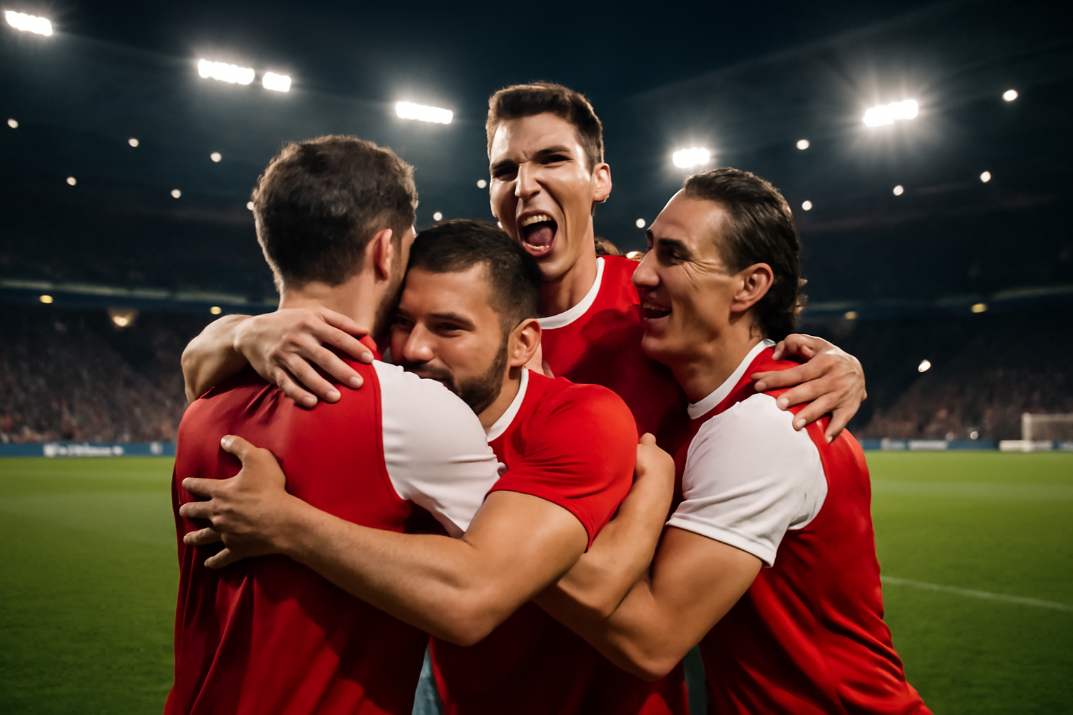 Arsenal players celebrate a second-half goal together on the pitch at Emirates Stadium during a Champions League match against Lille