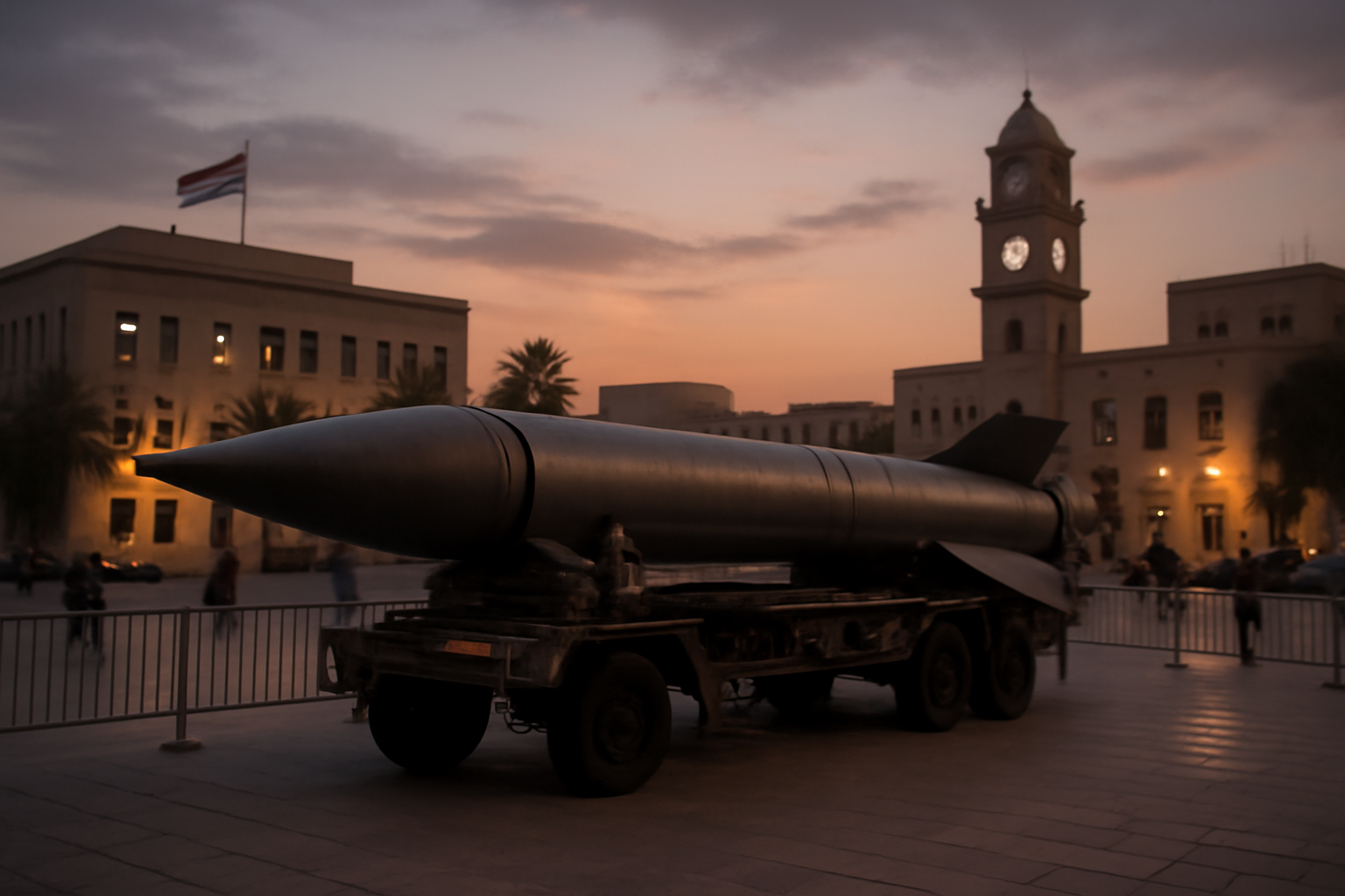 Iranian missile displayed at Baharestan Square in Tehran during ongoing conflict coverage