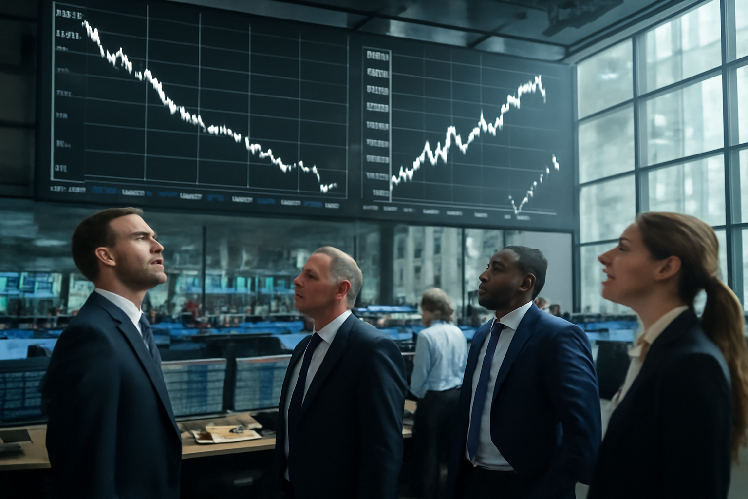 Traders on a stock exchange floor watching monitors as oil futures prices display a decline