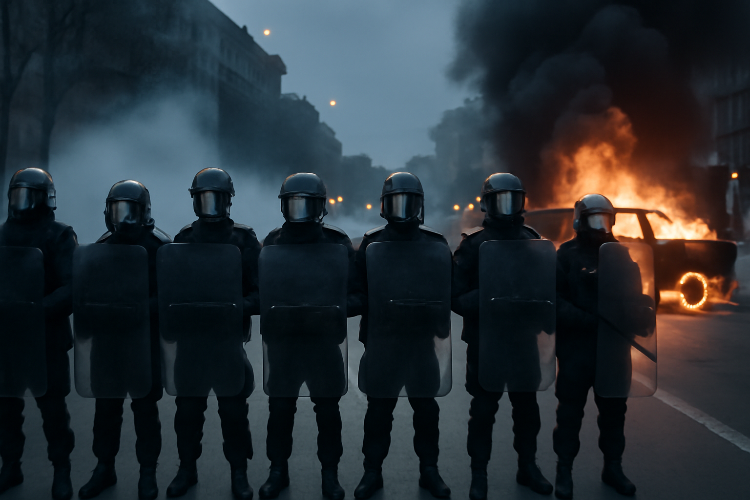 Riot police in gas masks stand behind a line of shields as smoke rises from a burning vehicle on a Tirana boulevard
