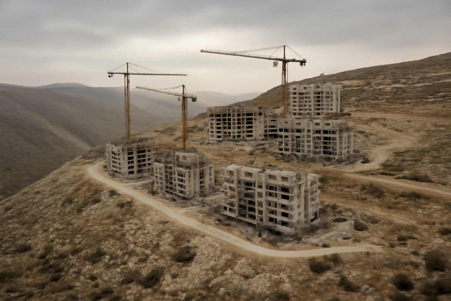 Aerial view of hillside construction cranes and unfinished housing frames on a West Bank ridge under a clear sky