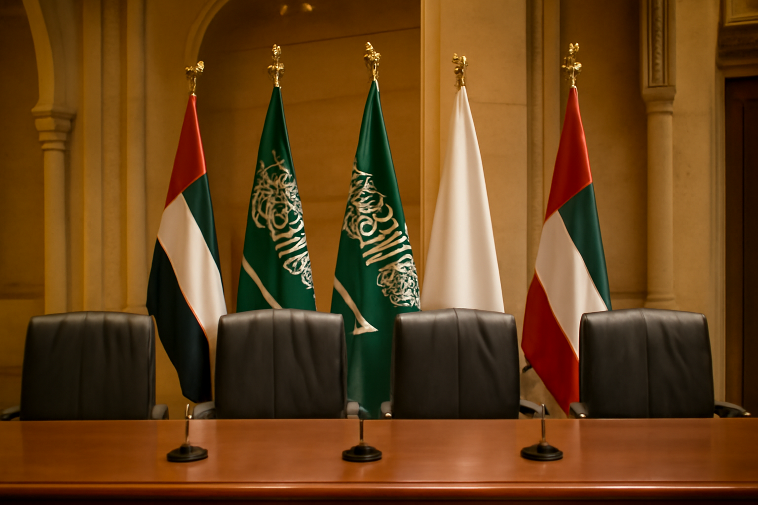 An empty negotiating table set with multiple national flags in a Middle Eastern government hall