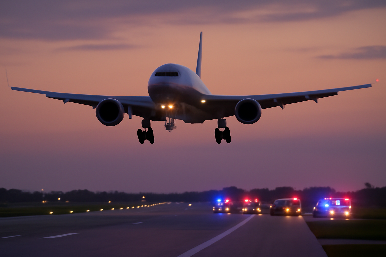 A commercial airliner descending toward a runway at dusk with emergency vehicles staged nearby