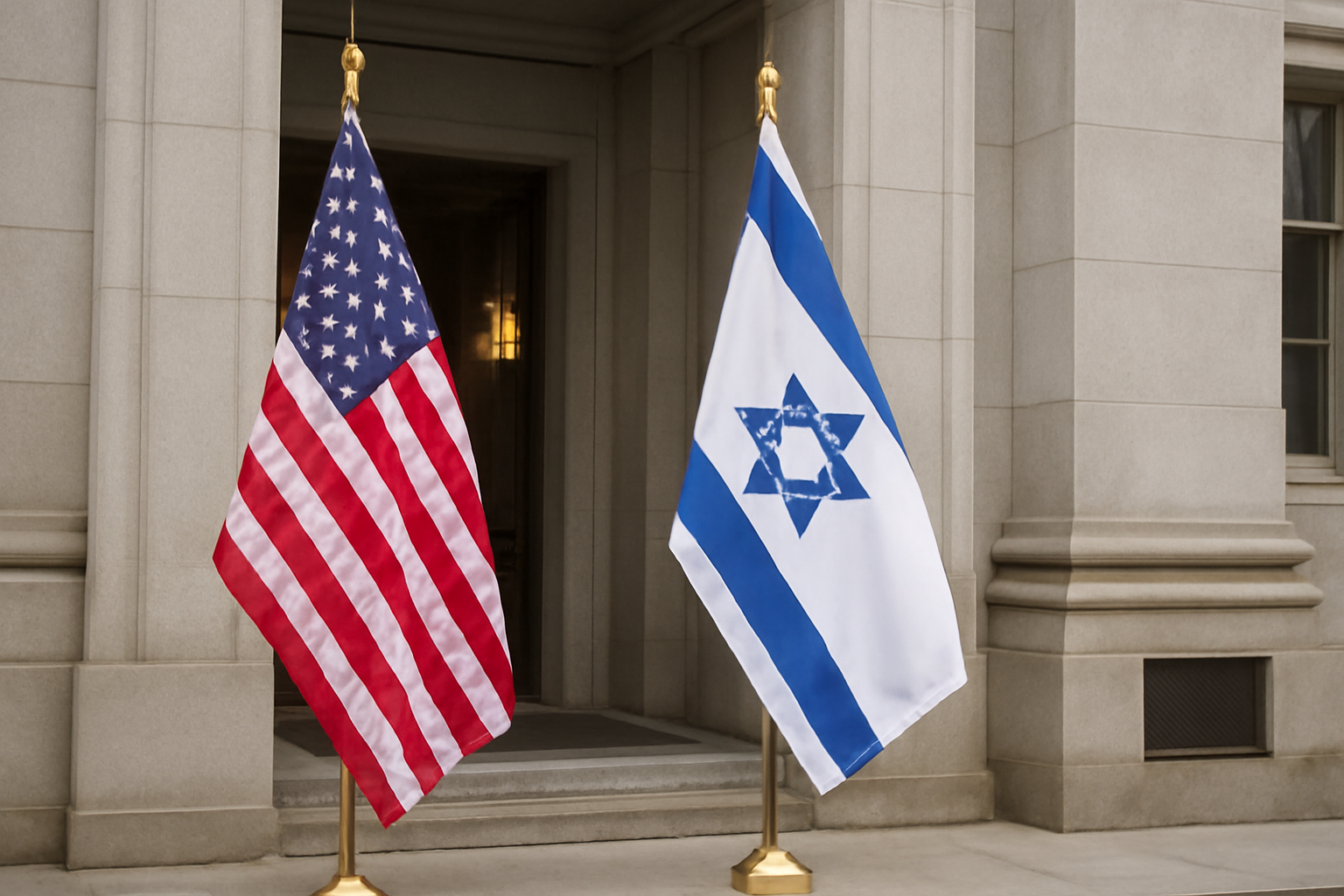 Exterior of a government building with American and Israeli flags displayed together