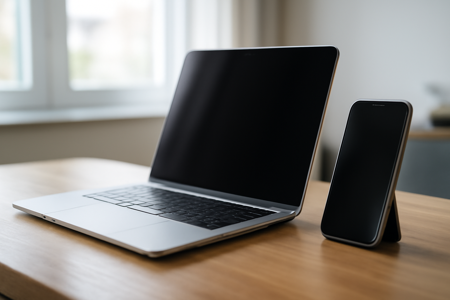 Silver laptop displayed on a wooden desk beside a smartphone showing a technology newsletter