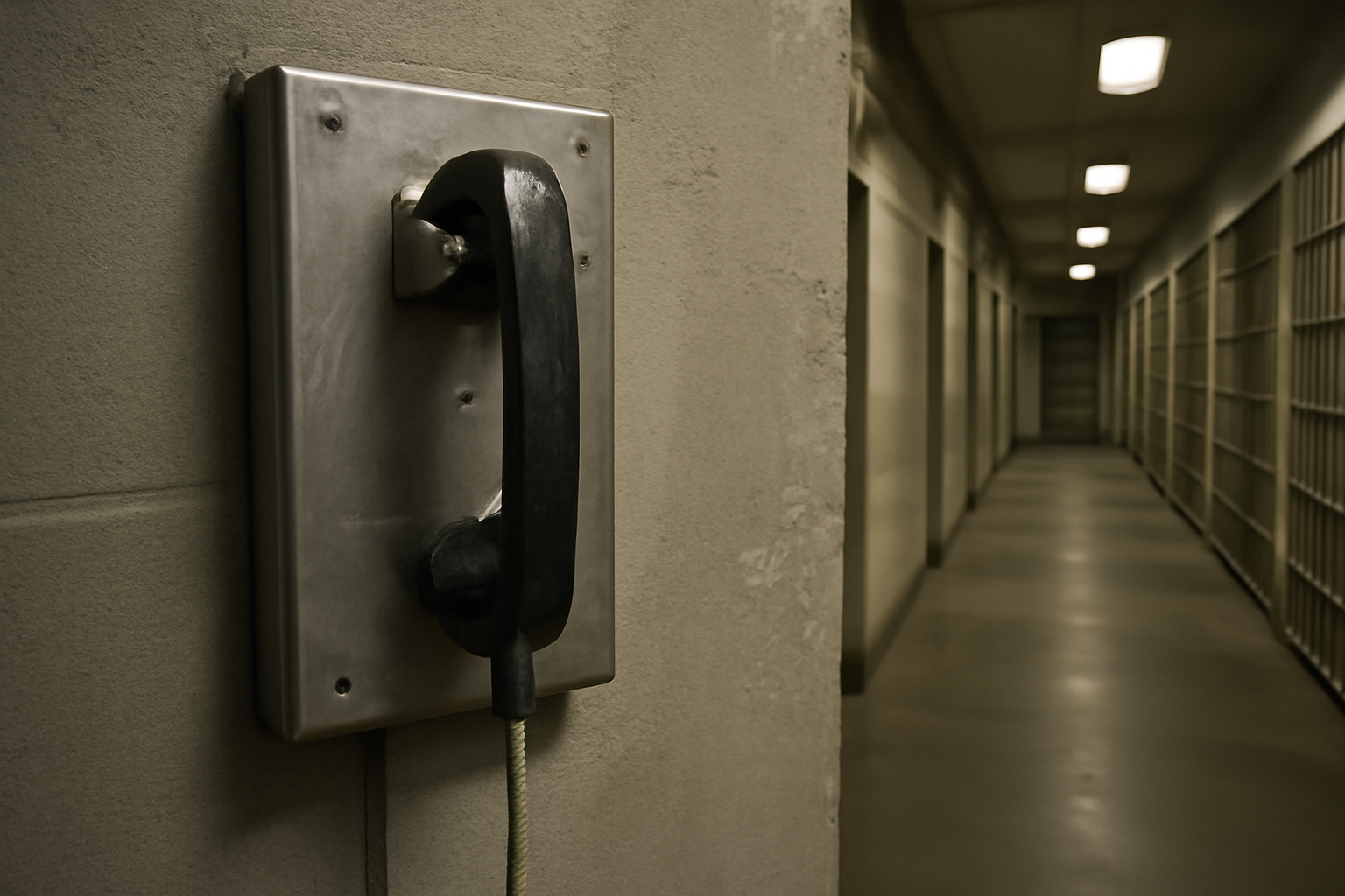 A black telephone receiver hangs on a metal cord against a bare concrete prison wall.