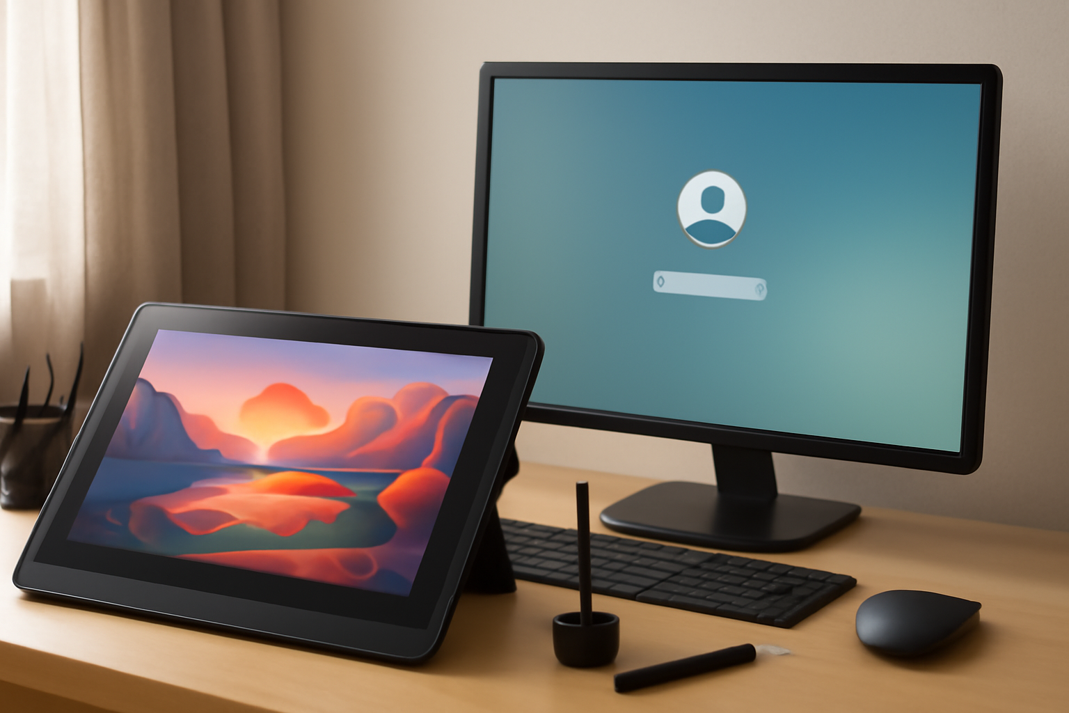Artist sketching a desktop wallpaper design on a tablet next to a computer screen showing a Linux login prompt