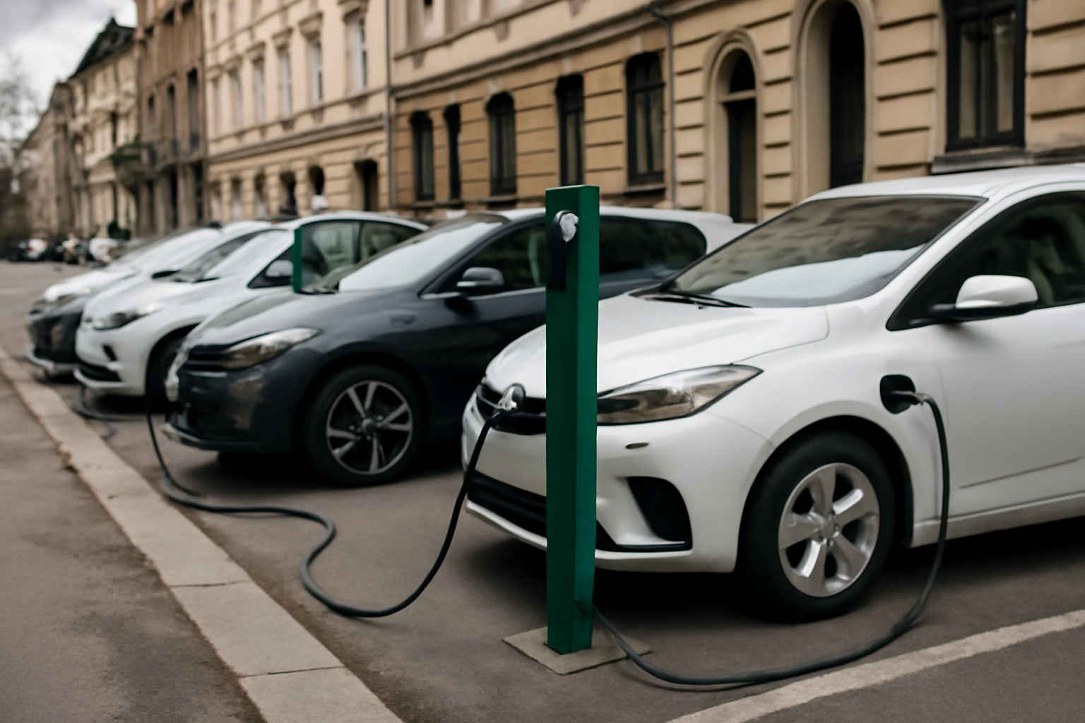 Electric vehicles parked at charging stations along a European city street
