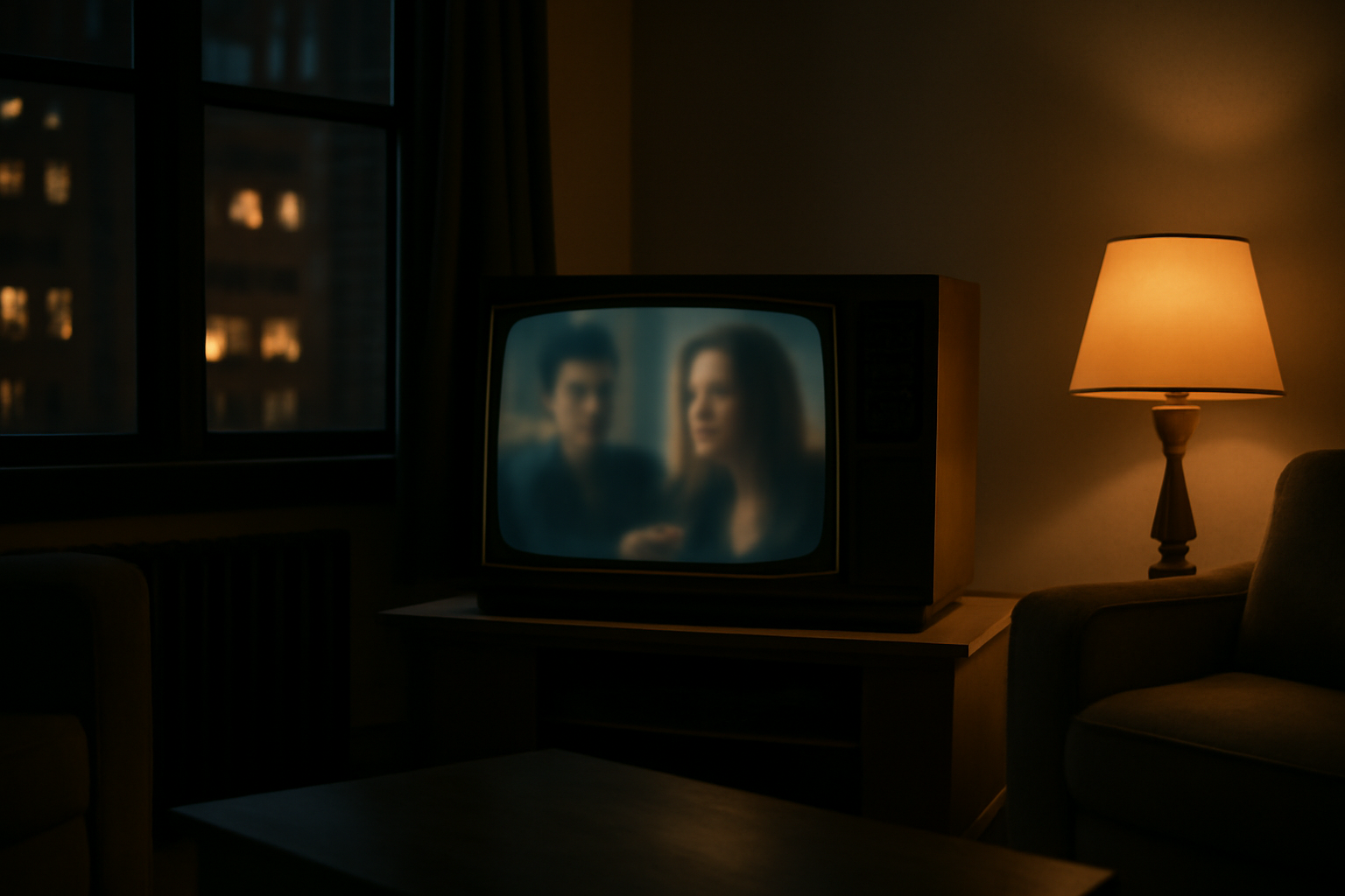 A vintage television glowing in a dim room displaying a still from an early-2010s HBO drama