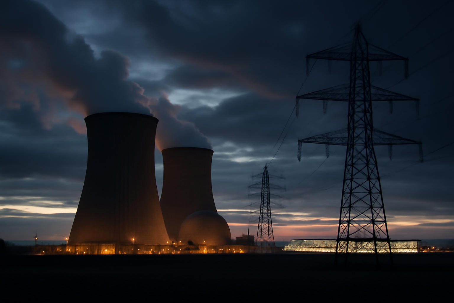 Nuclear reactor cooling towers at dusk near a data center campus with transmission lines