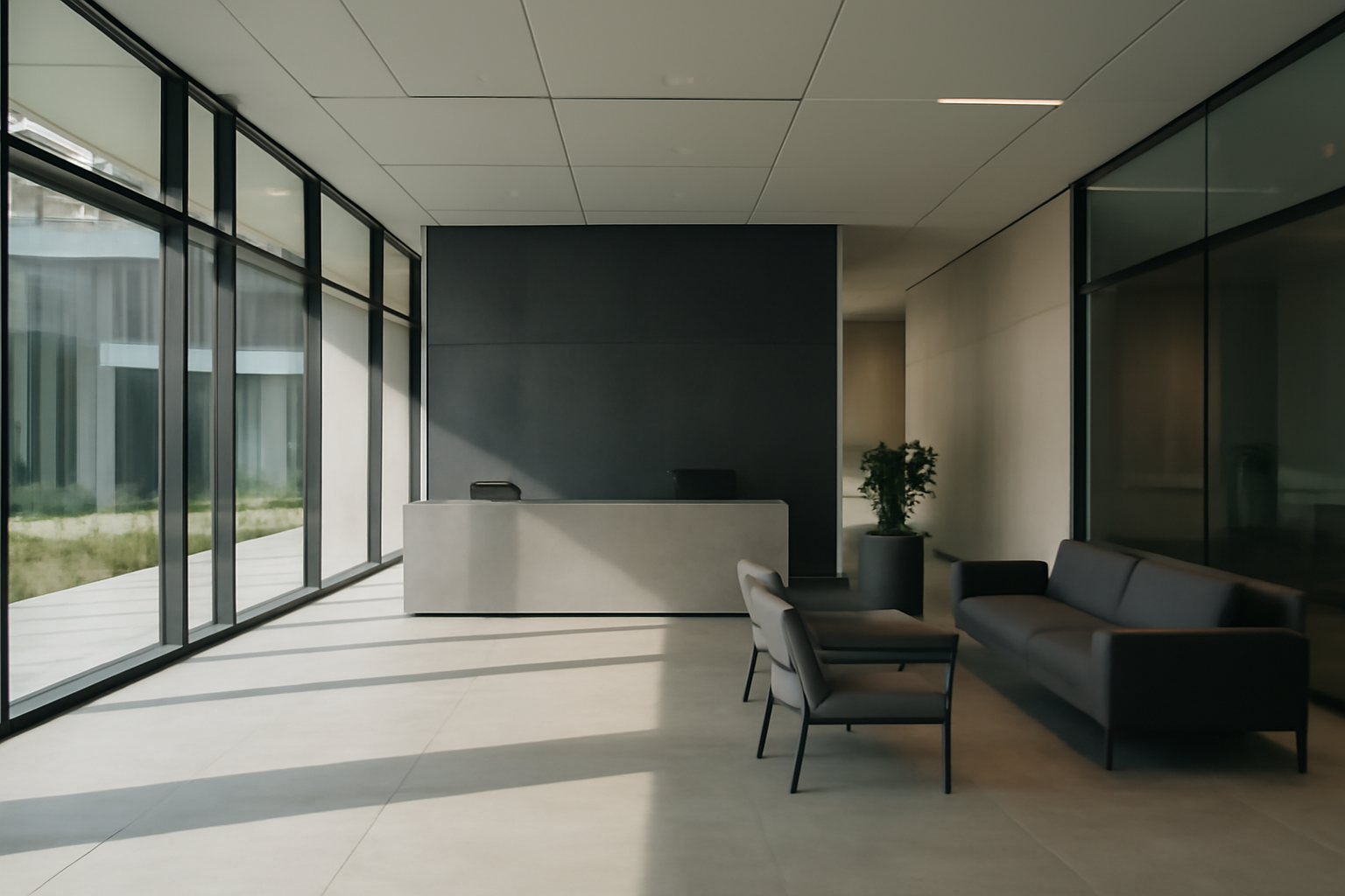 A modern glass-walled corporate office lobby with soft ambient lighting and minimalist furniture