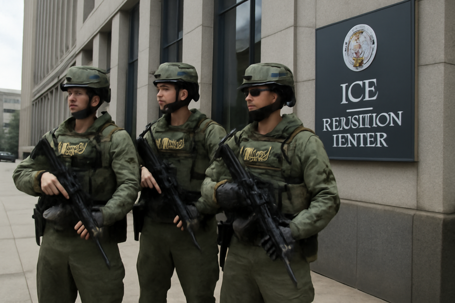 Federal agents stand guard outside a federal building and ICE detention center in Los Angeles