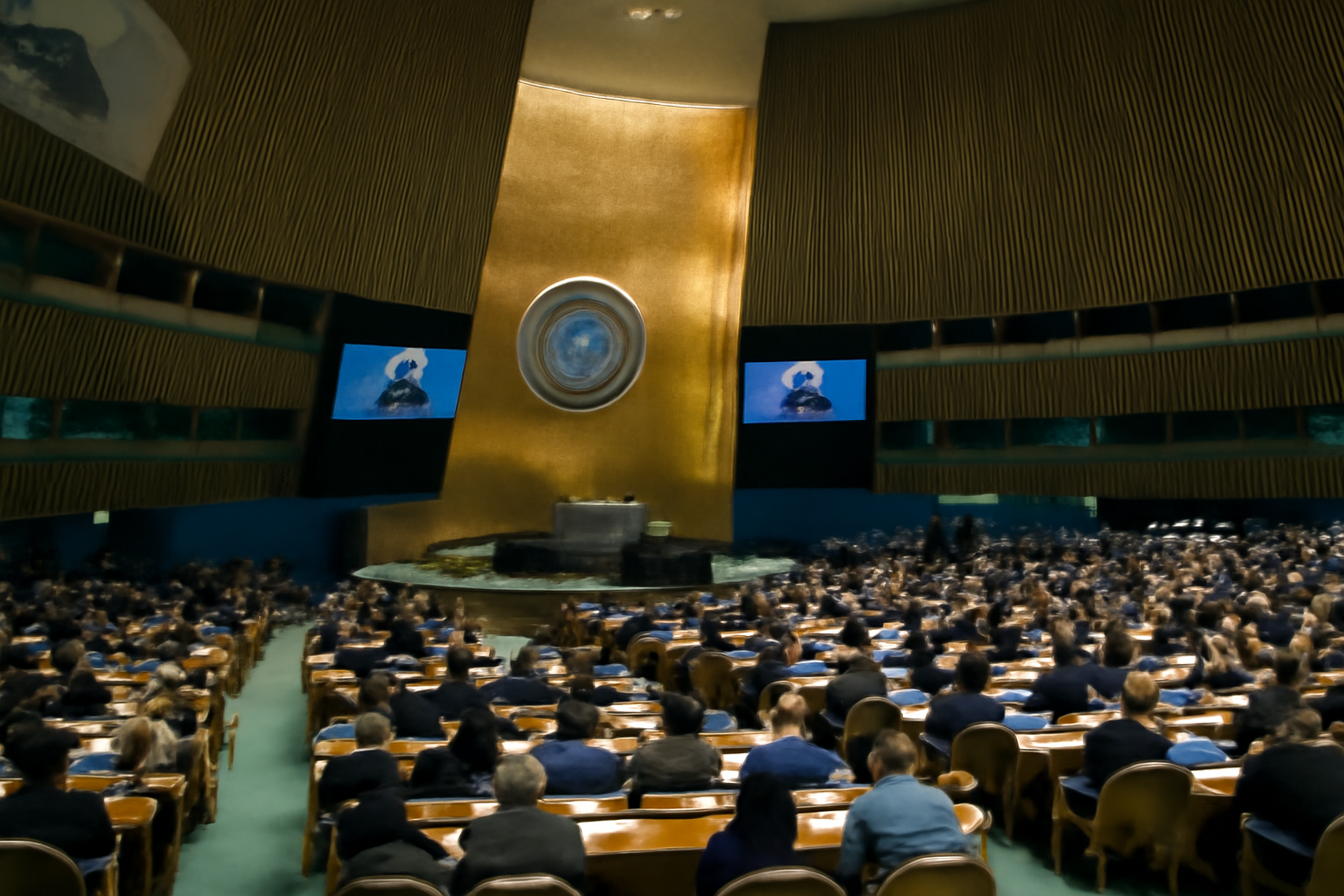 United Nations General Assembly hall with delegates seated during a technology policy session