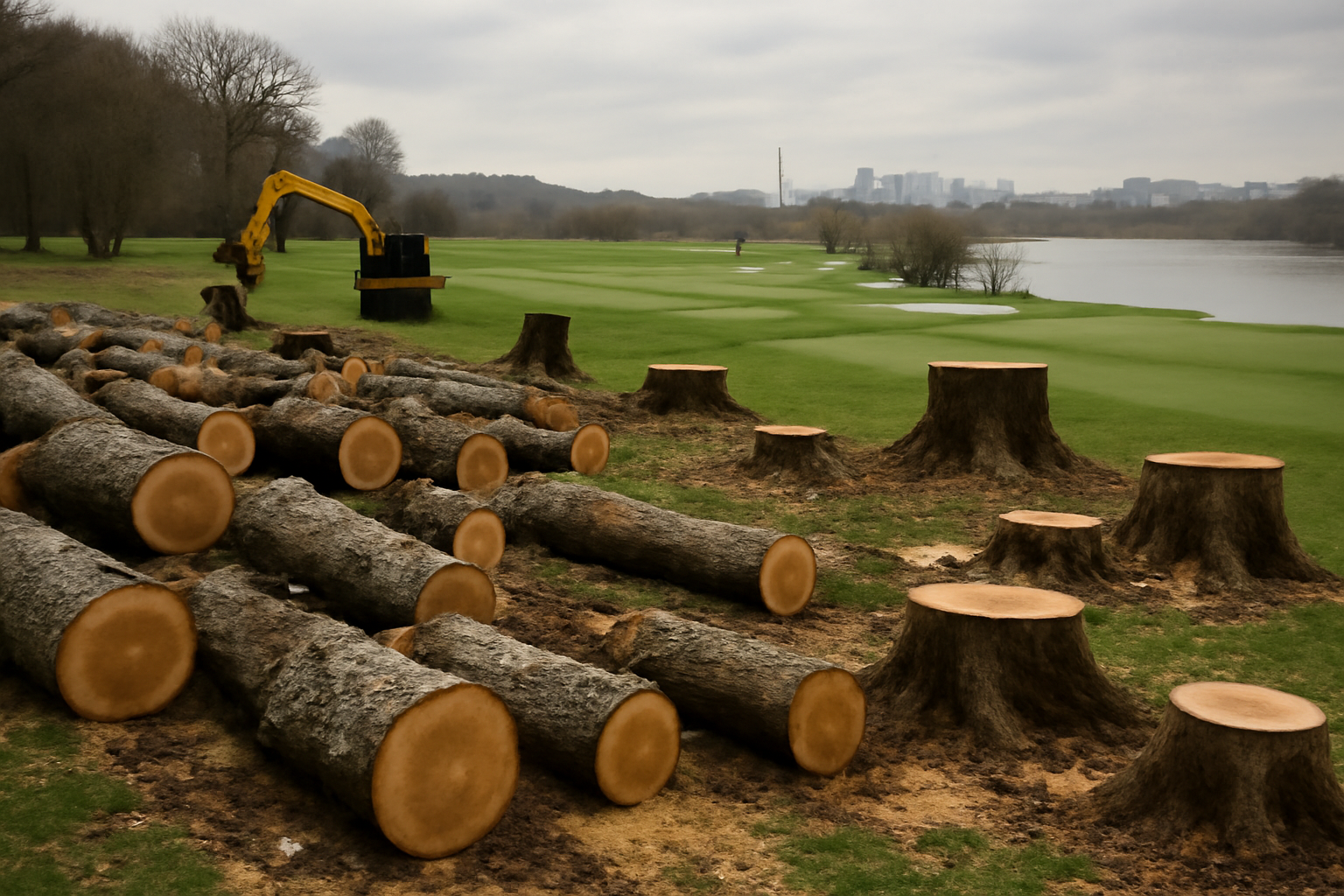 Rows of felled trees lying on the ground at a public golf course near the Potomac River with the Washington skyline in the background