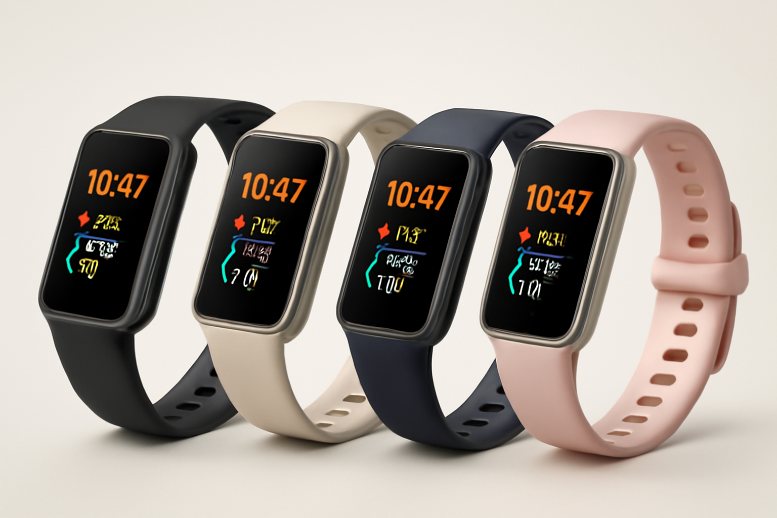 A midrange fitness tracker with a small square display shown from multiple angles in different colors