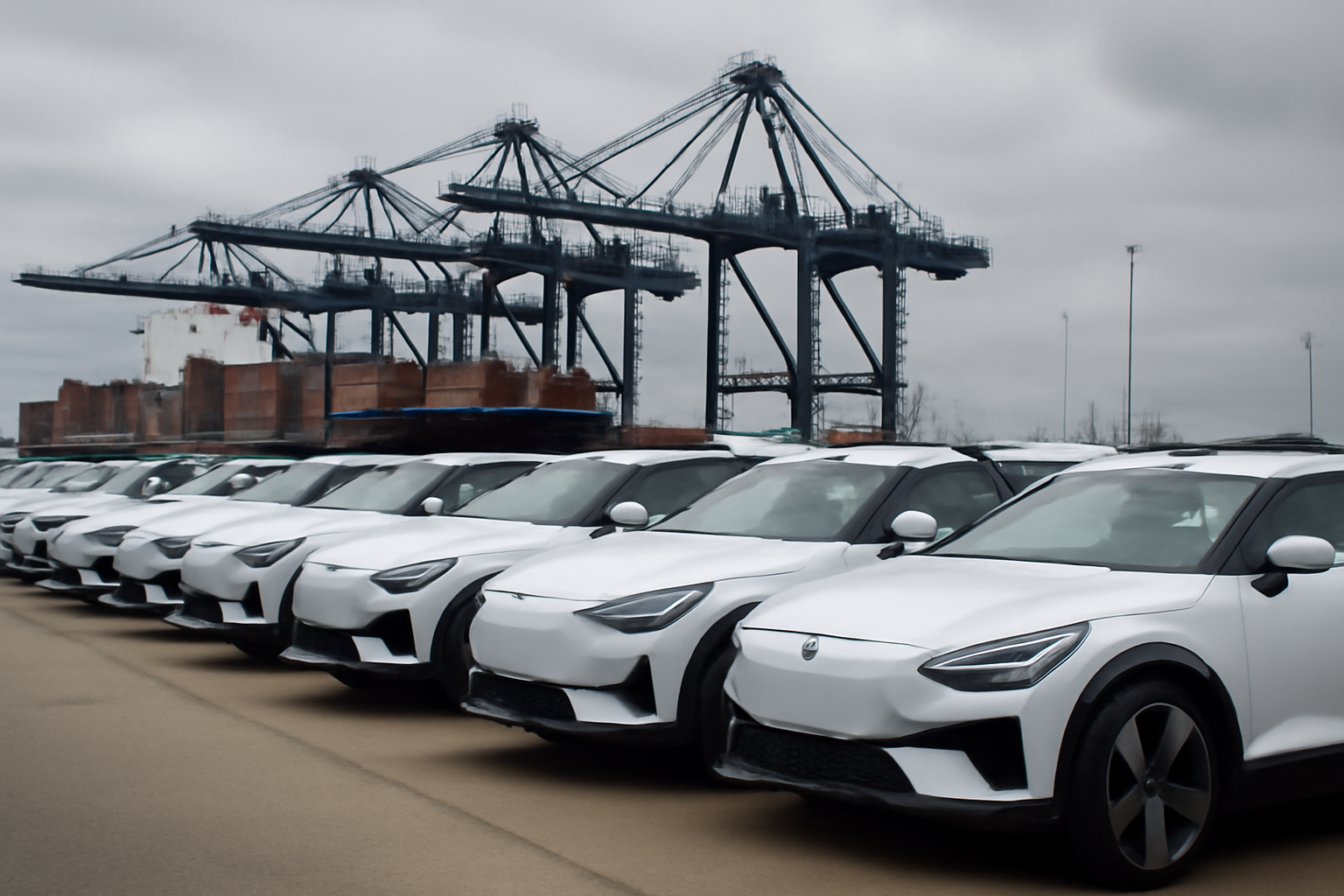 Rows of electric vehicles parked at a UK port awaiting shipment to Europe