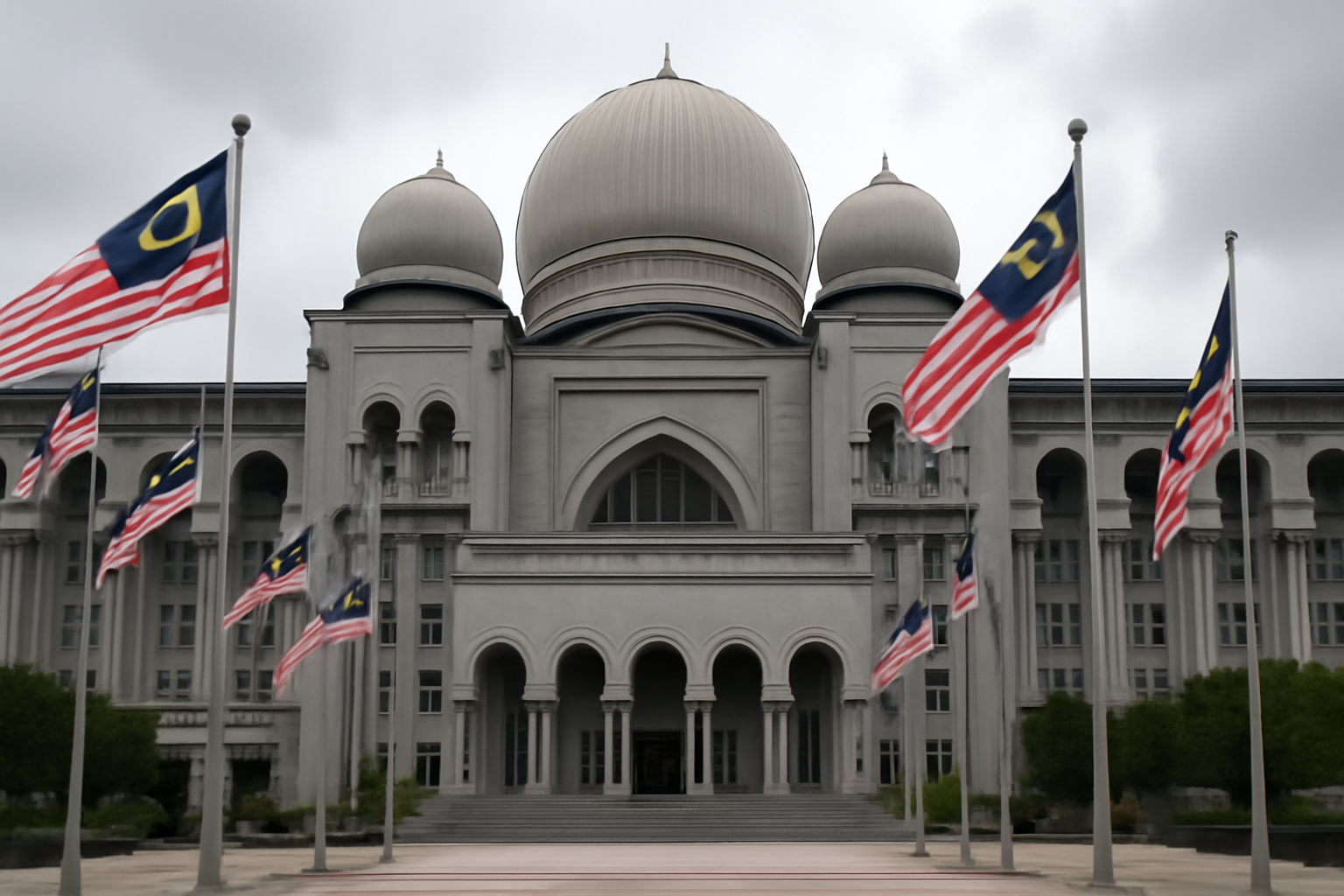 Exterior of a government building in Kuala Lumpur with Malaysian flags