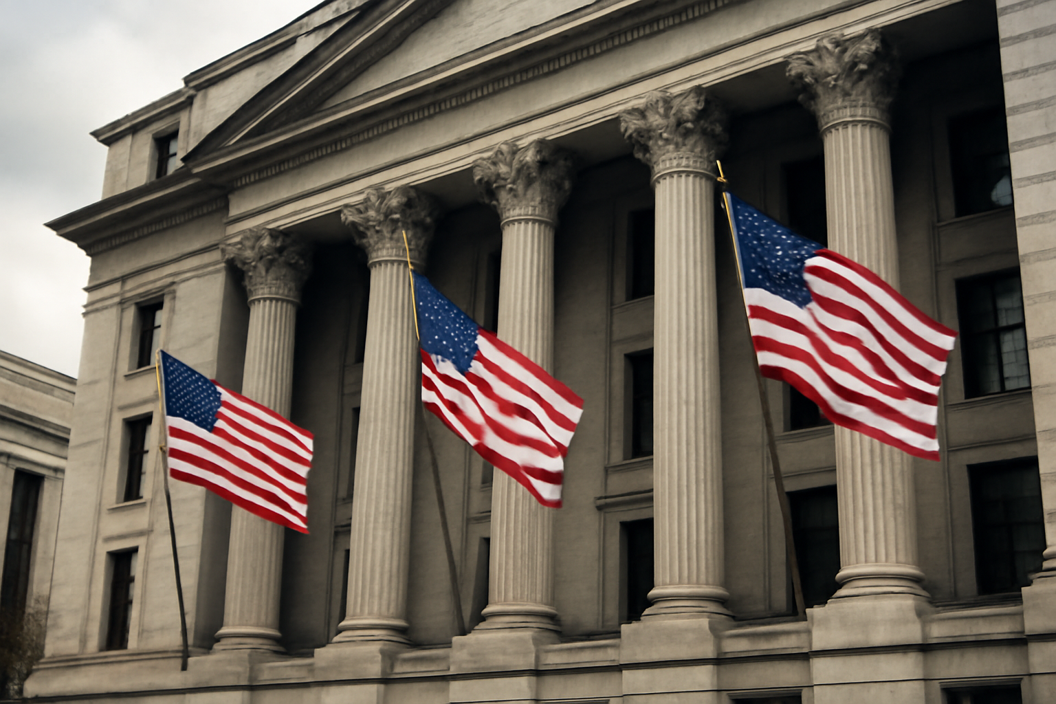 Exterior of a federal appeals courthouse building with American flags out front