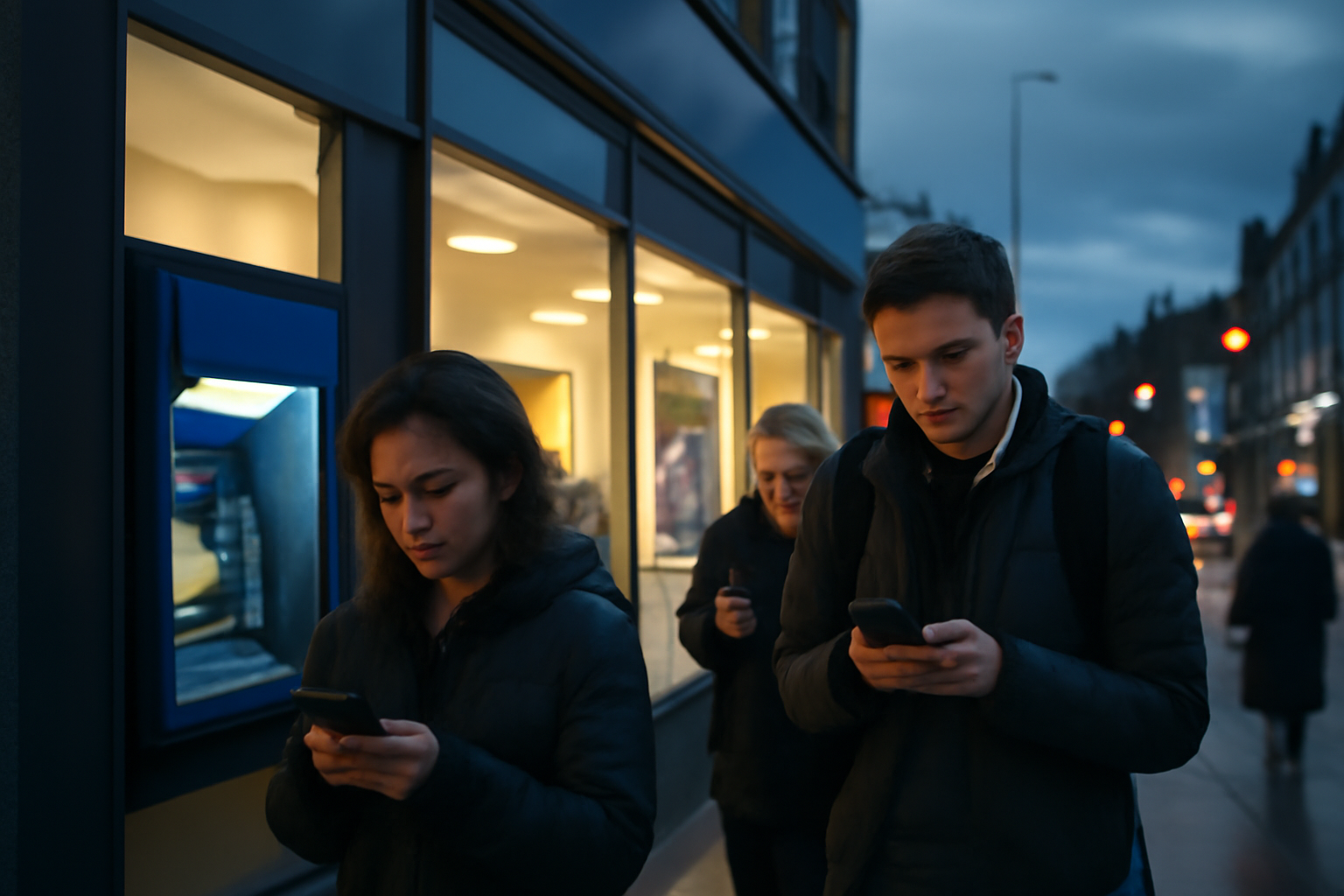Exterior of a London bank branch at dusk with illuminated ATM screens and pedestrians checking smartphones