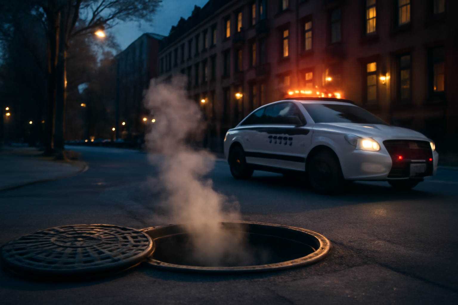 An open manhole cover on a New York City street with police tape nearby at dusk