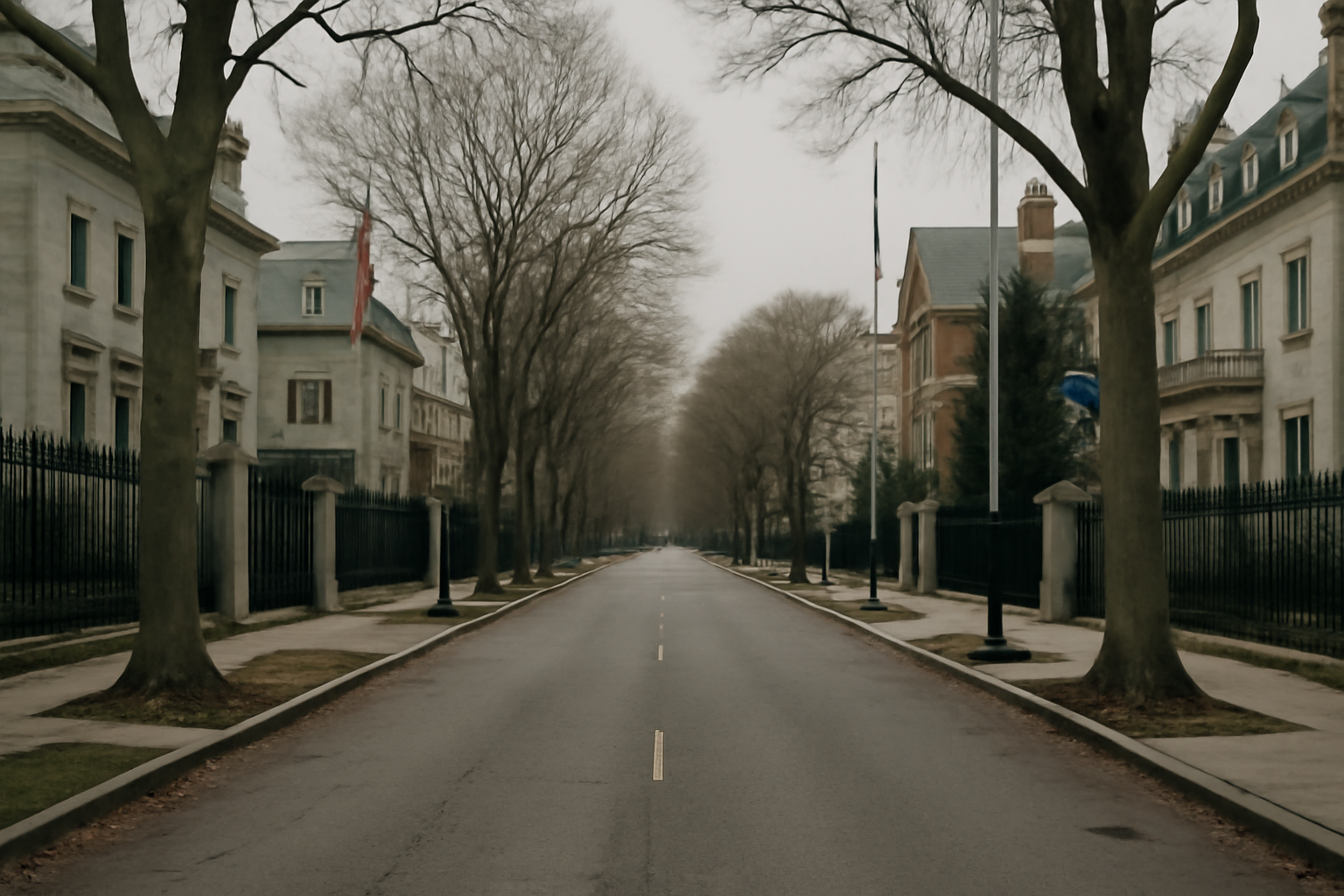 A diplomatic street in Washington, D.C., lined with embassy buildings and iron gates under overcast sky