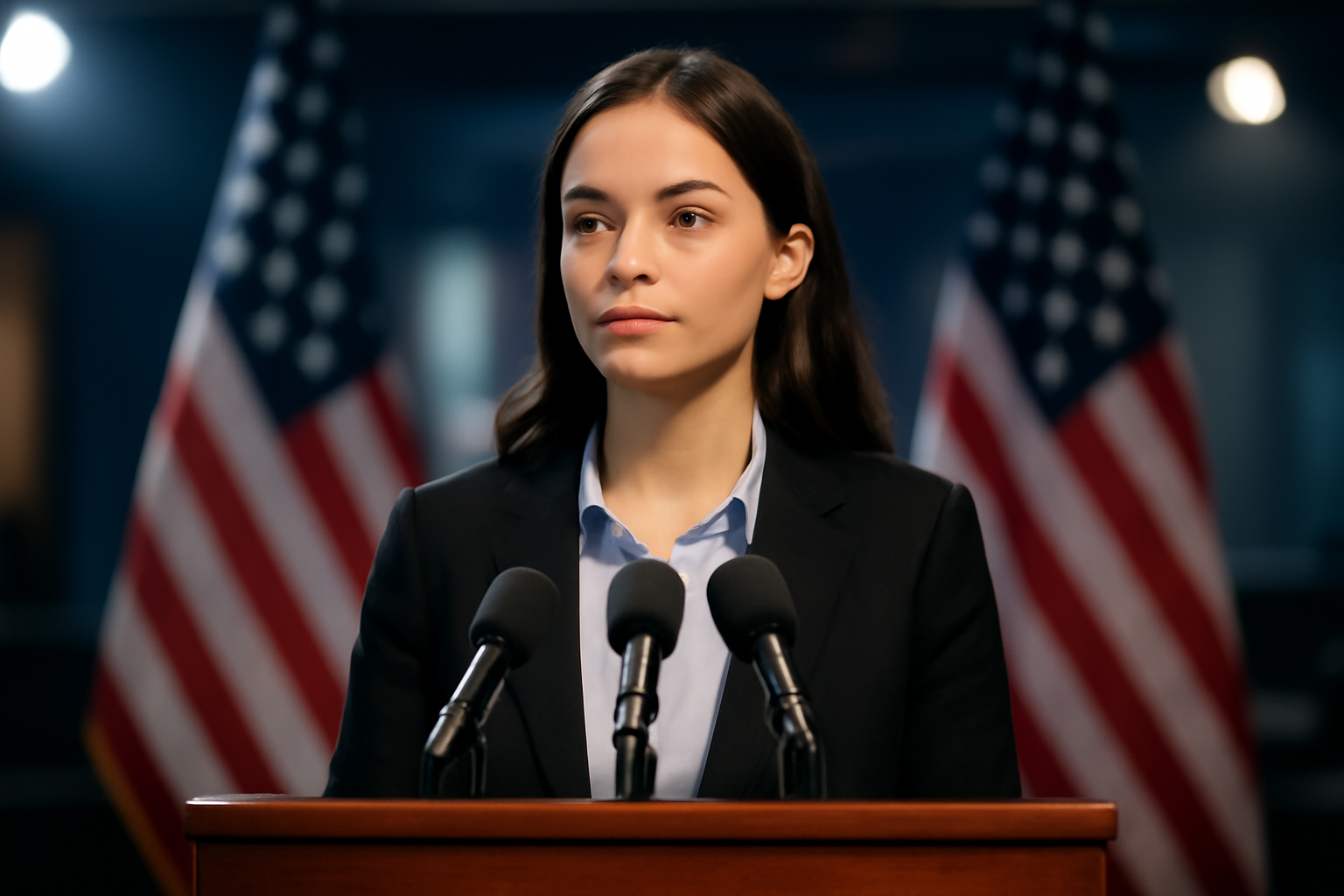 Karoline Leavitt speaking at a Washington podium with American flags behind her