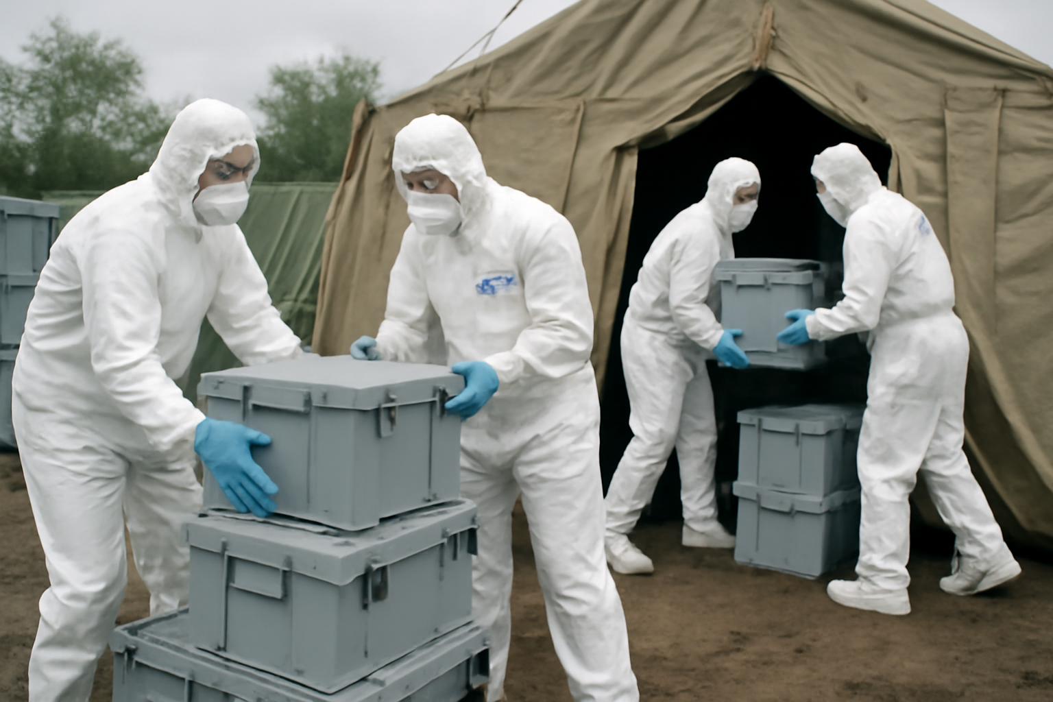 Health workers in protective gear preparing supplies outside a treatment tent