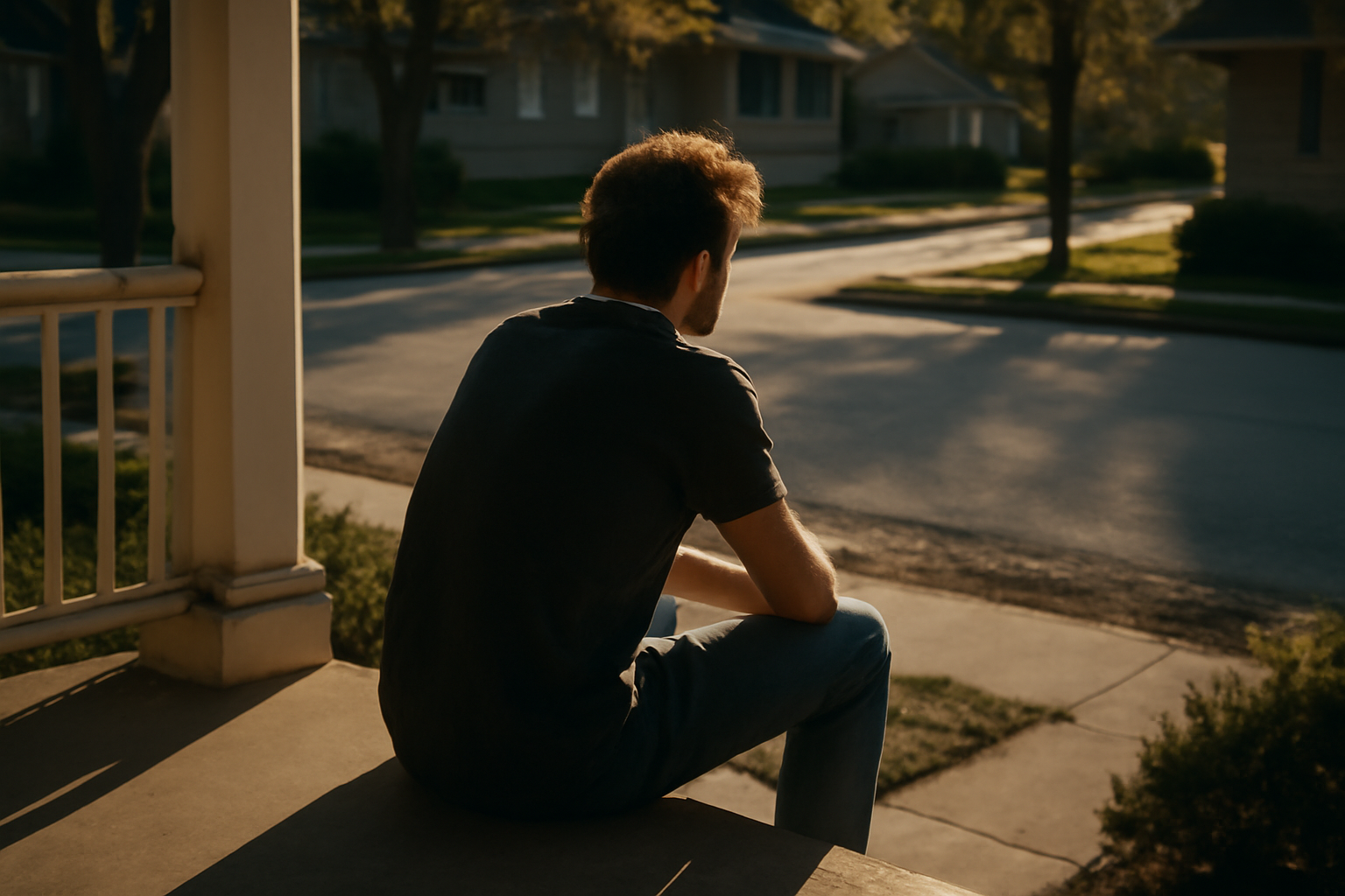 Young adult sitting alone on a porch step looking out at an empty street