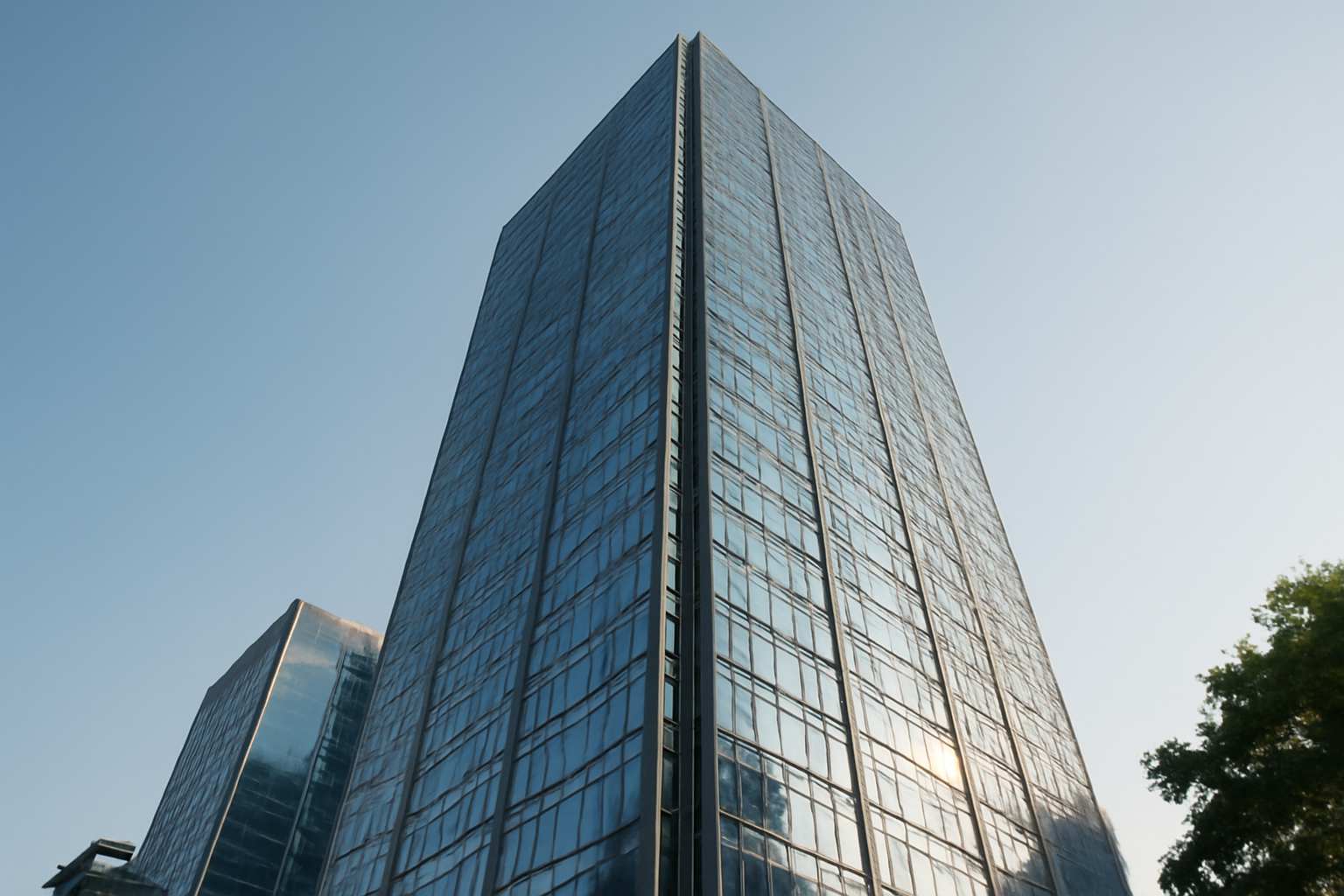 Corporate skyscraper in Mumbai's financial district under a clear afternoon sky