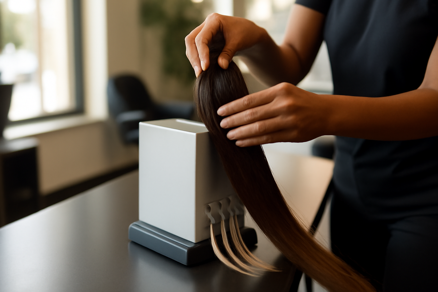 Stylist's hands placing synthetic braiding hair onto a prototype separating device