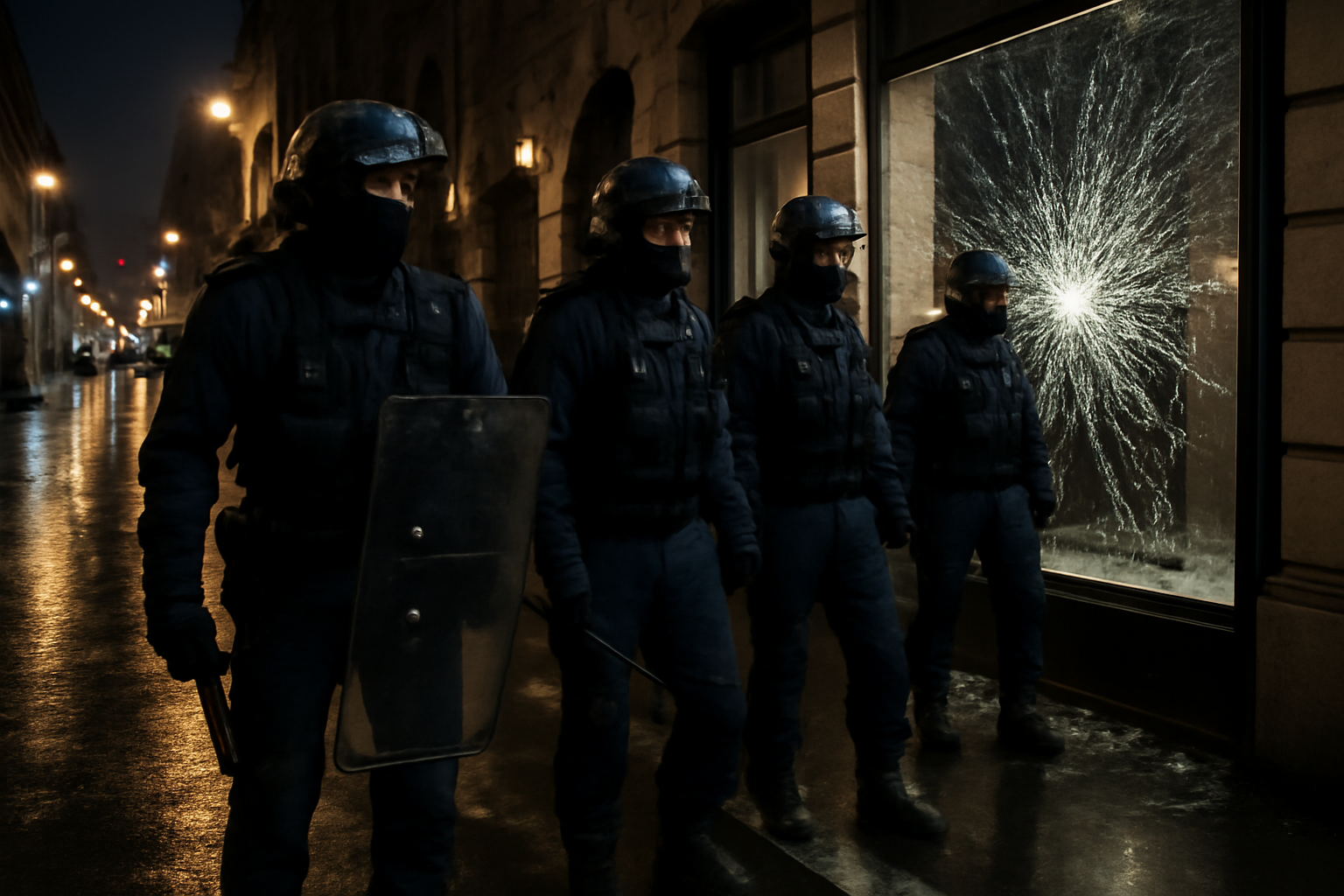 Riot police stand near a damaged storefront on a Paris street at night