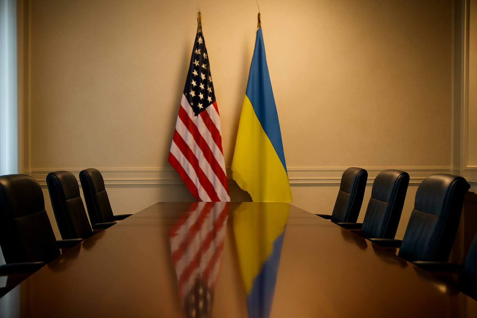 Two national flags, American and Ukrainian, positioned near a formal meeting table setting