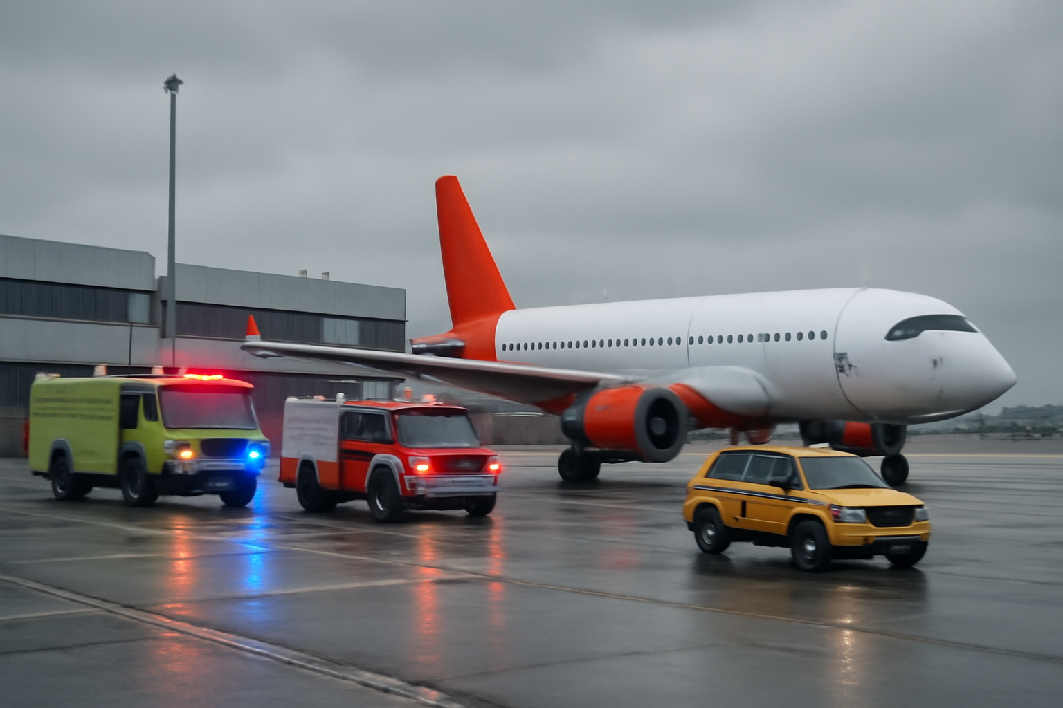 Airport tarmac with a flyDubai aircraft and emergency vehicles in the distance under daylight