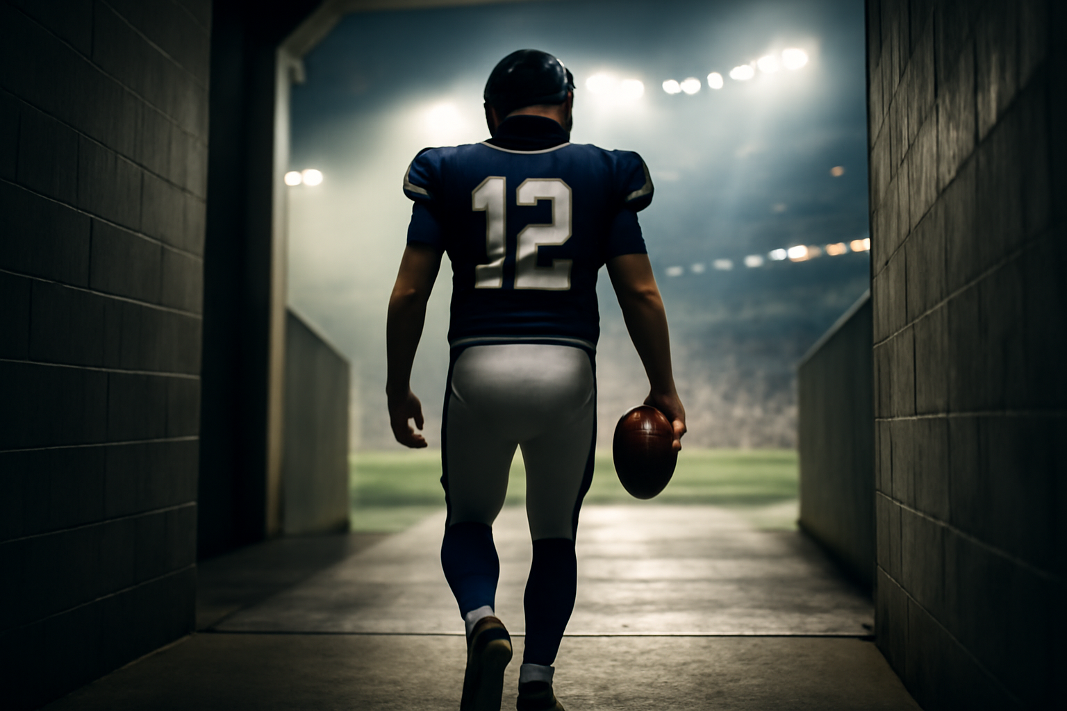 An NFL quarterback in uniform walks toward the sideline tunnel under stadium lights